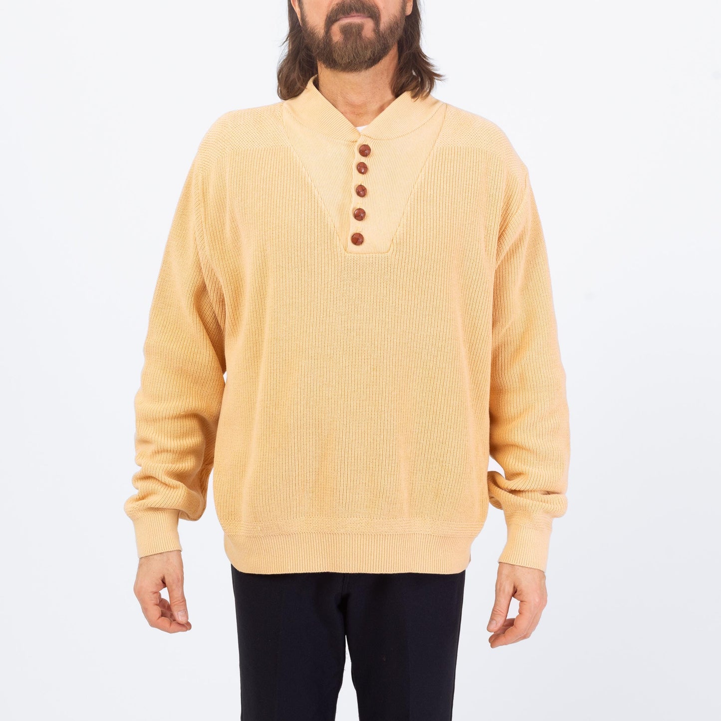 Vintage 80s Lands' End Cream Knit Henley Sweater - Extra Large | Button Up Long Sleeve Cotton Pullover