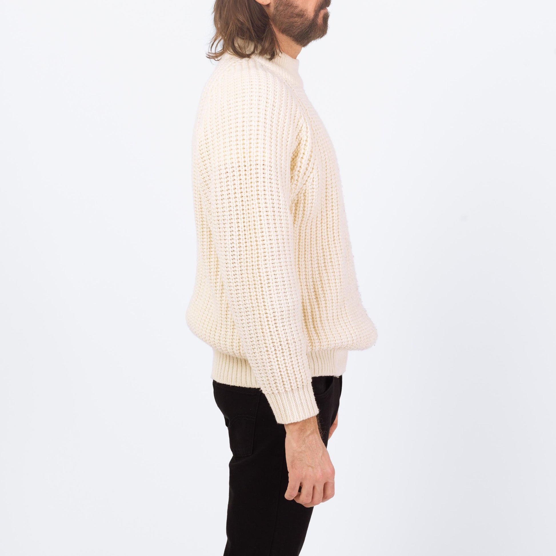 Vintage 80s White Funnel Neck Sweater - Small | Chunky Knit Ribbed Fisherman Pullover