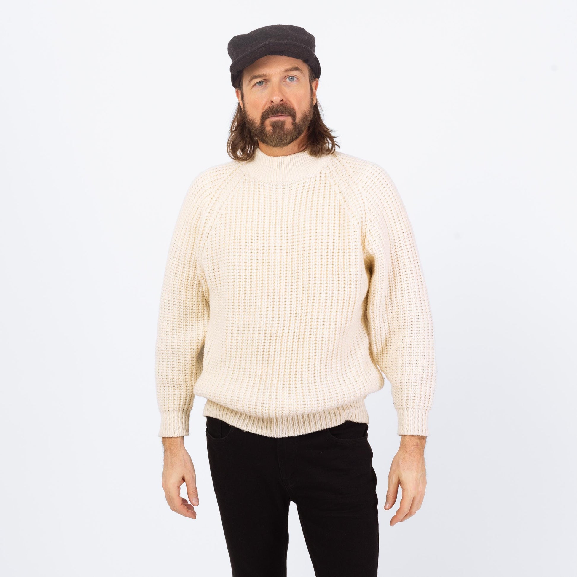 Vintage 80s White Funnel Neck Sweater - Small | Chunky Knit Ribbed Fisherman Pullover