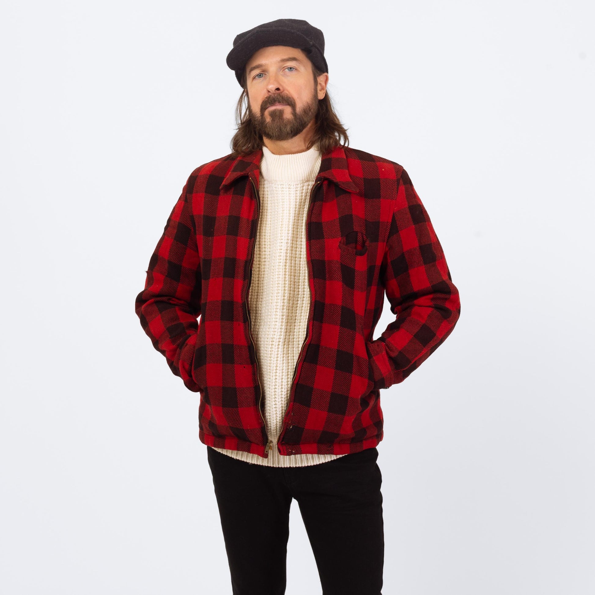Vintage 50s Buffalo Plaid Jacket - Medium | Distressed Zip Up Hunting Field Coat