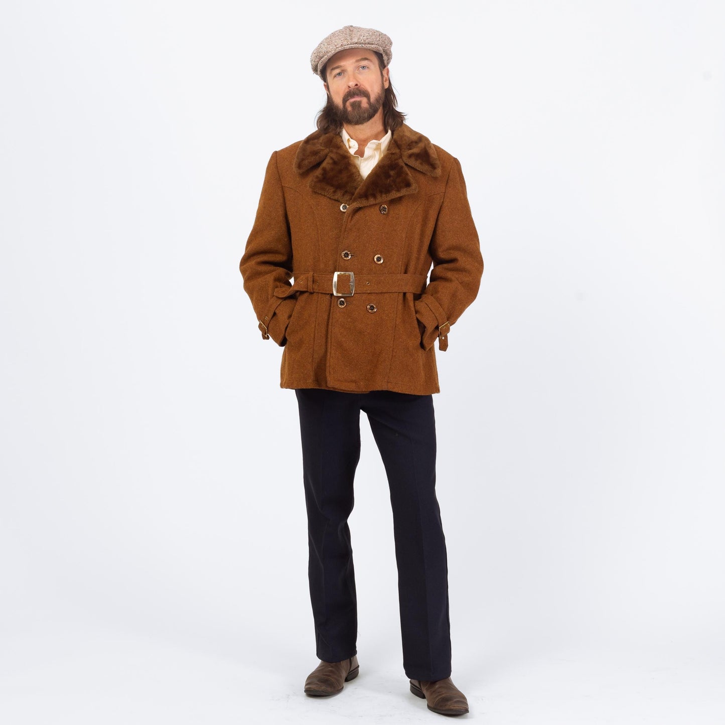 Vintage 60s 70s Burnt Orange Wool Tweed Belted Coat - Large, Size 42 | Plush Collar Double Breasted Peacoat