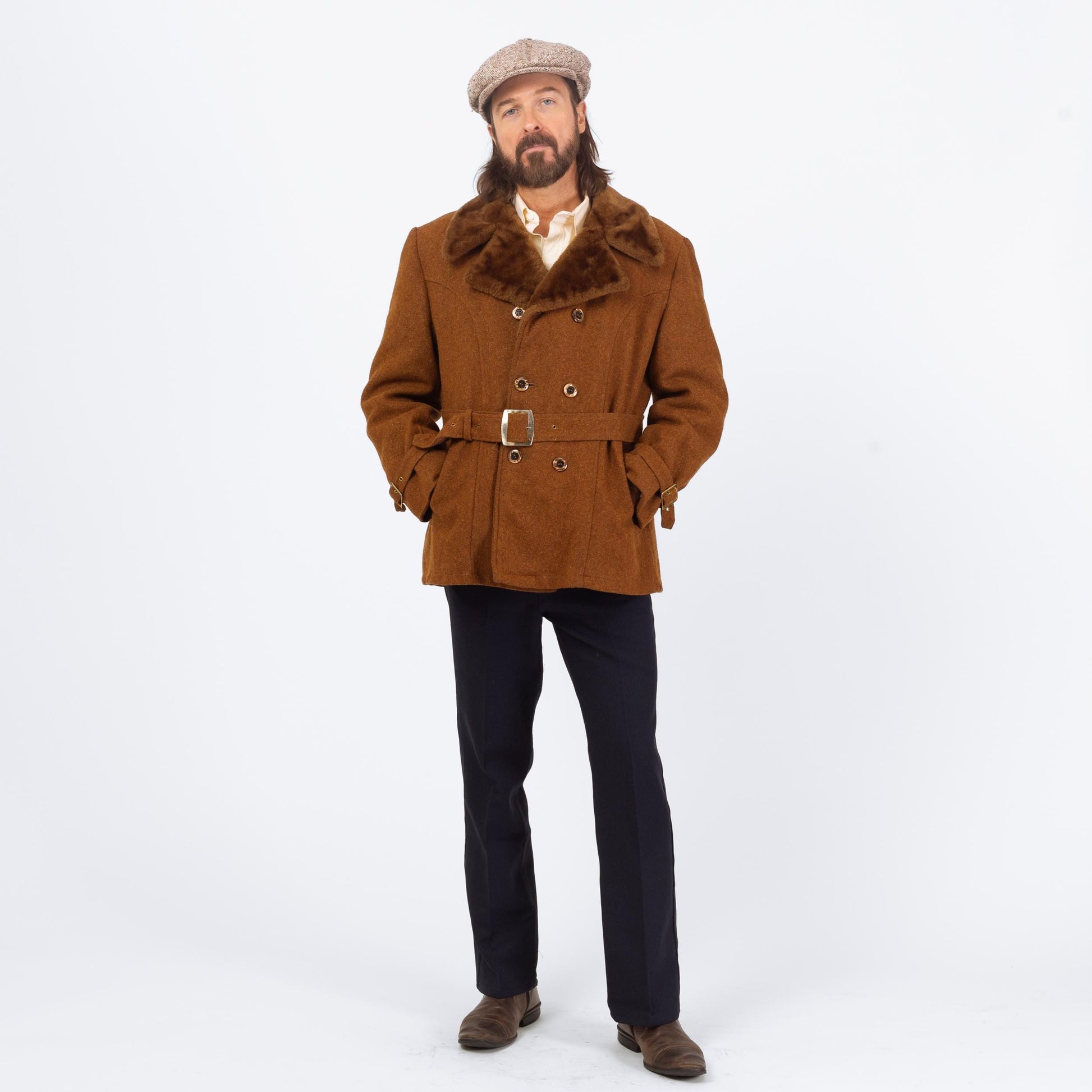 Vintage 60s 70s Burnt Orange Wool Tweed Belted Coat - Large, Size 42 | Plush Collar Double Breasted Peacoat