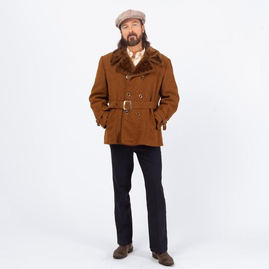 Vintage 60s 70s Burnt Orange Wool Tweed Belted Coat - Large, Size 42 | Plush Collar Double Breasted Peacoat