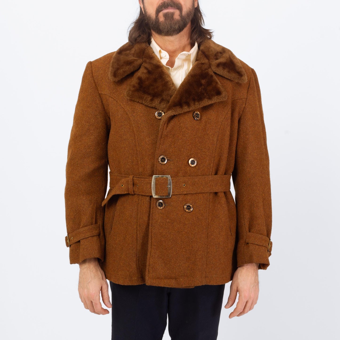 Vintage 60s 70s Burnt Orange Wool Tweed Belted Coat - Large, Size 42 | Plush Collar Double Breasted Peacoat