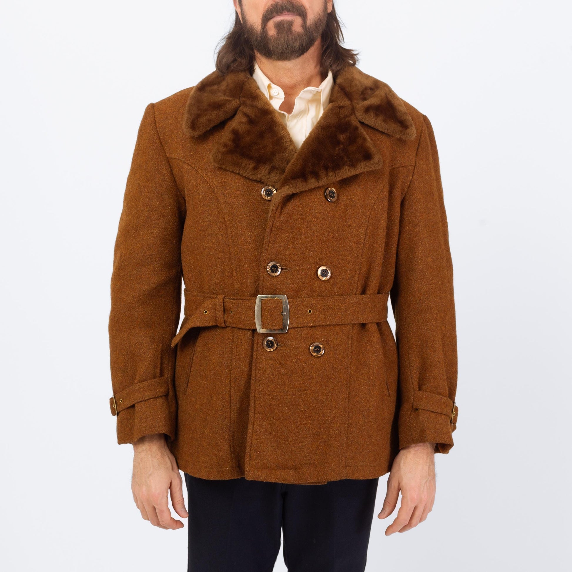 Vintage 60s 70s Burnt Orange Wool Tweed Belted Coat - Large, Size 42 | Plush Collar Double Breasted Peacoat