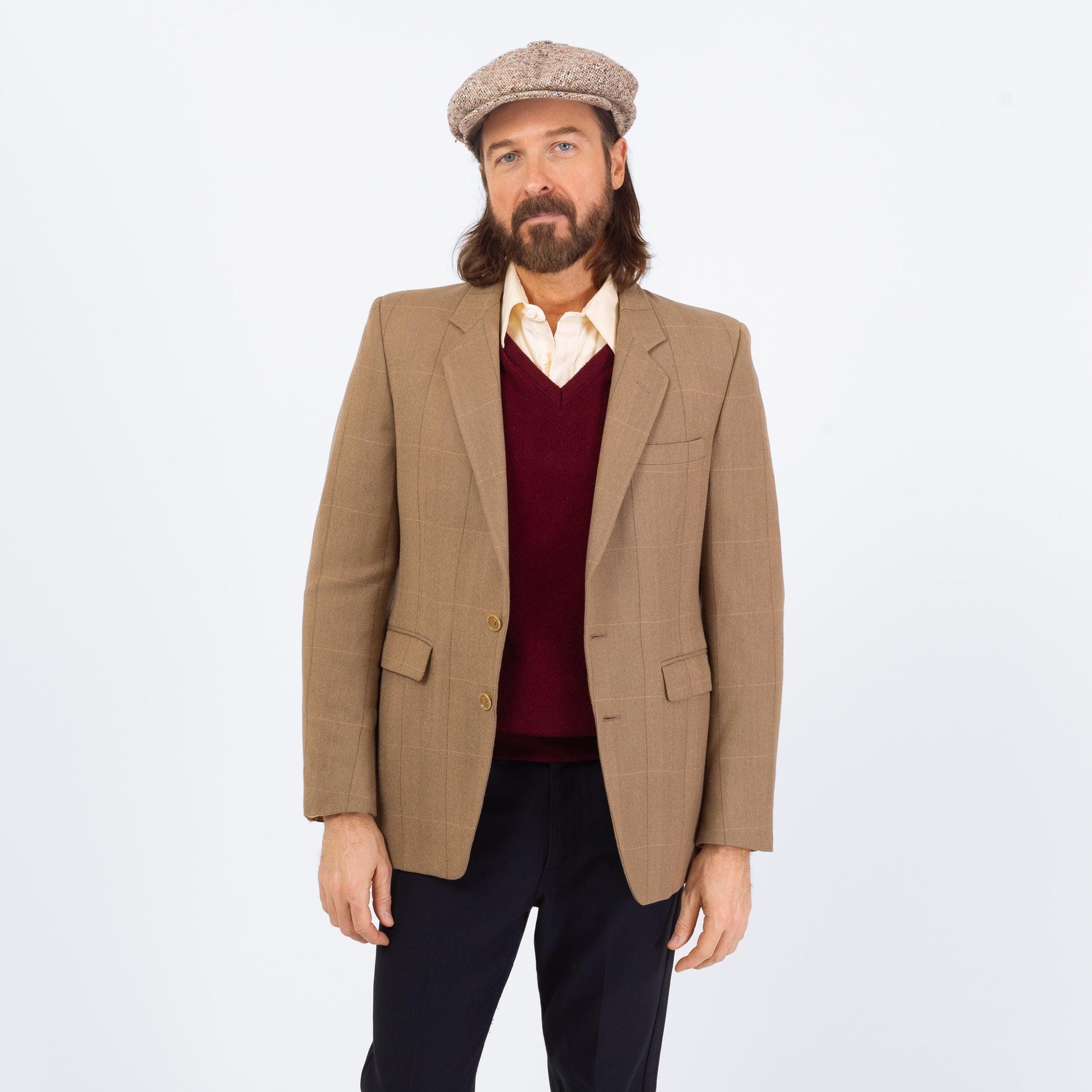 Vintage 80s Givenchy Soft Camel Wool Sport Coat - Small | Windowpane Plaid Preppy Single Breasted Blazer Suit Jacket