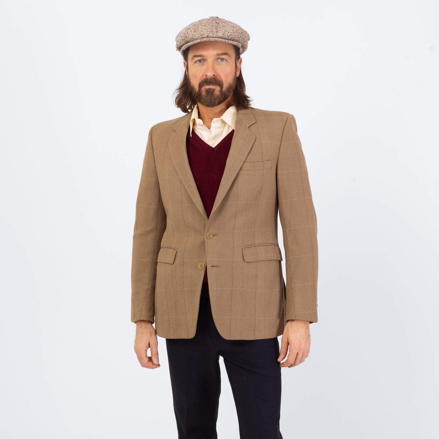 Vintage 80s Givenchy Soft Camel Wool Sport Coat - Small | Windowpane Plaid Preppy Single Breasted Blazer Suit Jacket