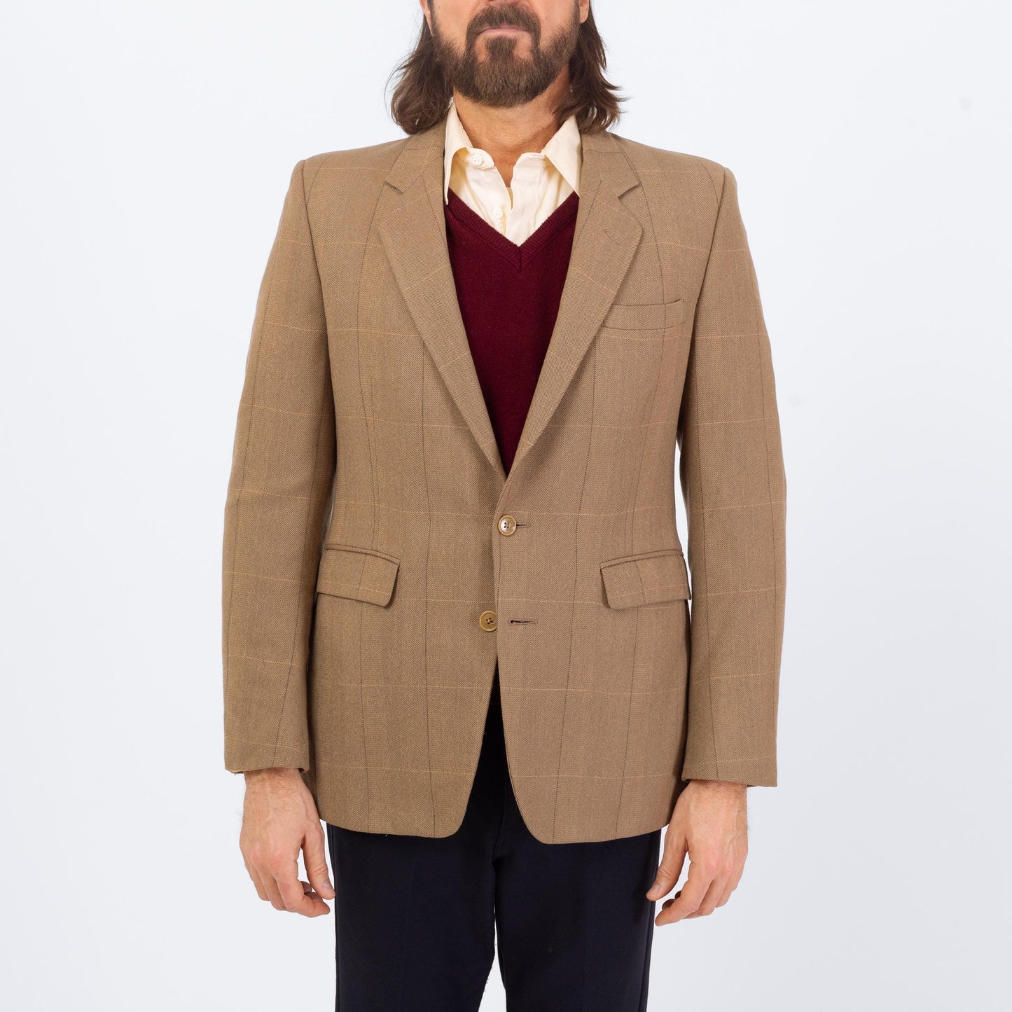 Vintage 80s Givenchy Soft Camel Wool Sport Coat - Small | Windowpane Plaid Preppy Single Breasted Blazer Suit Jacket