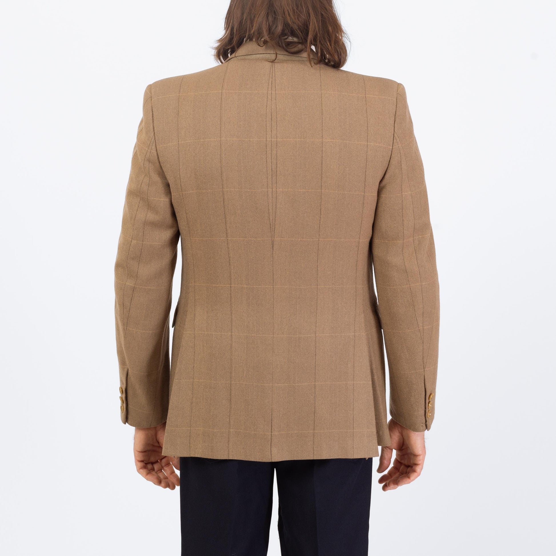 Vintage 80s Givenchy Soft Camel Wool Sport Coat - Small | Windowpane Plaid Preppy Single Breasted Blazer Suit Jacket