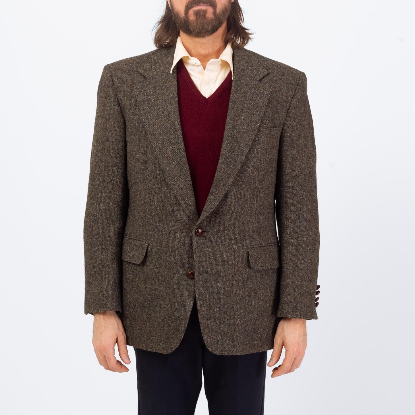 Vintage 90s Grey Tweed Elbow Patch Sport Coat - Large, Size 43 | Preppy Single Breasted Suede Trim Blazer Suit Jacket