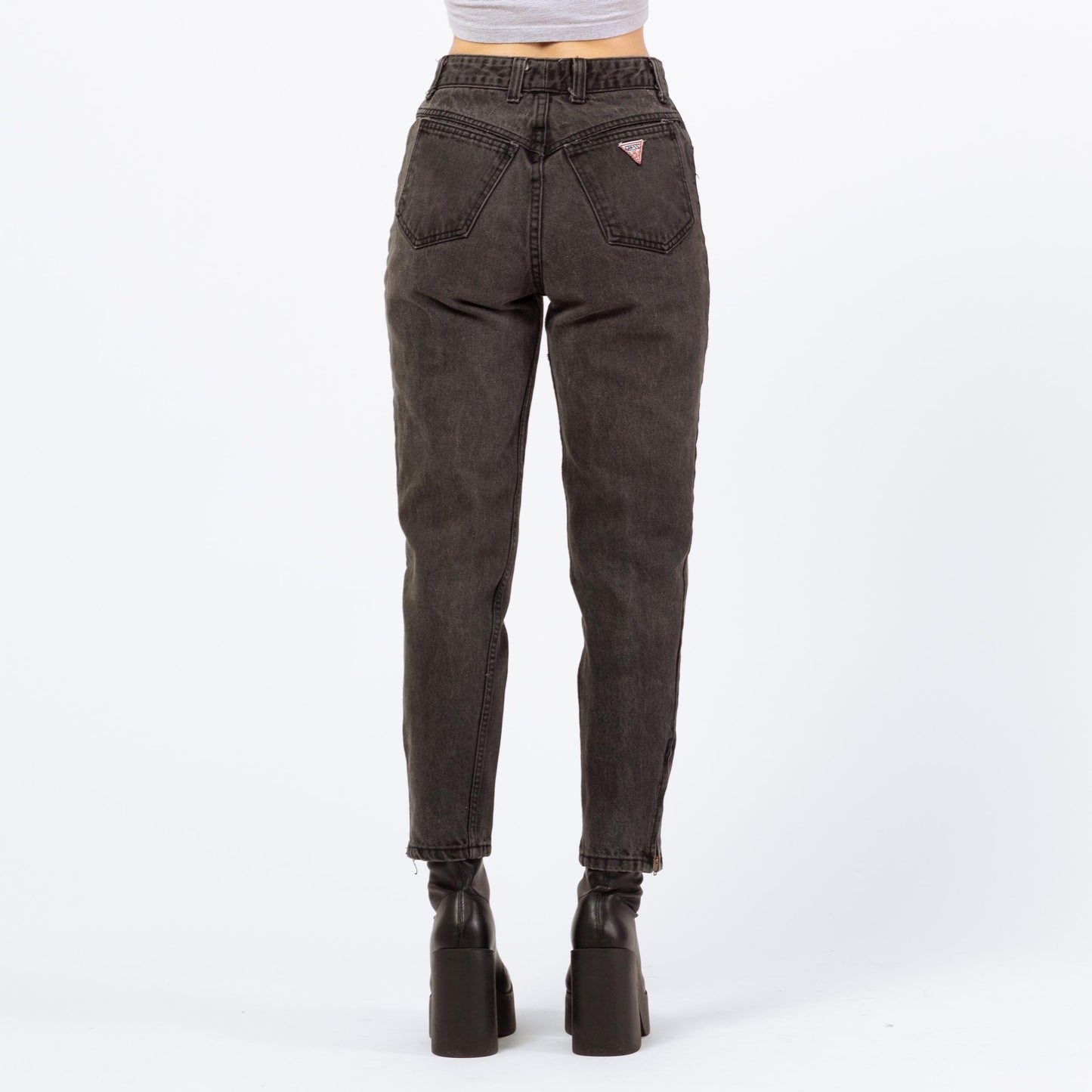 Vintage 90s Guess High Waisted Faded Black Ankle Zip Jeans - Petite Small, 26" | Denim Mom Jeans
