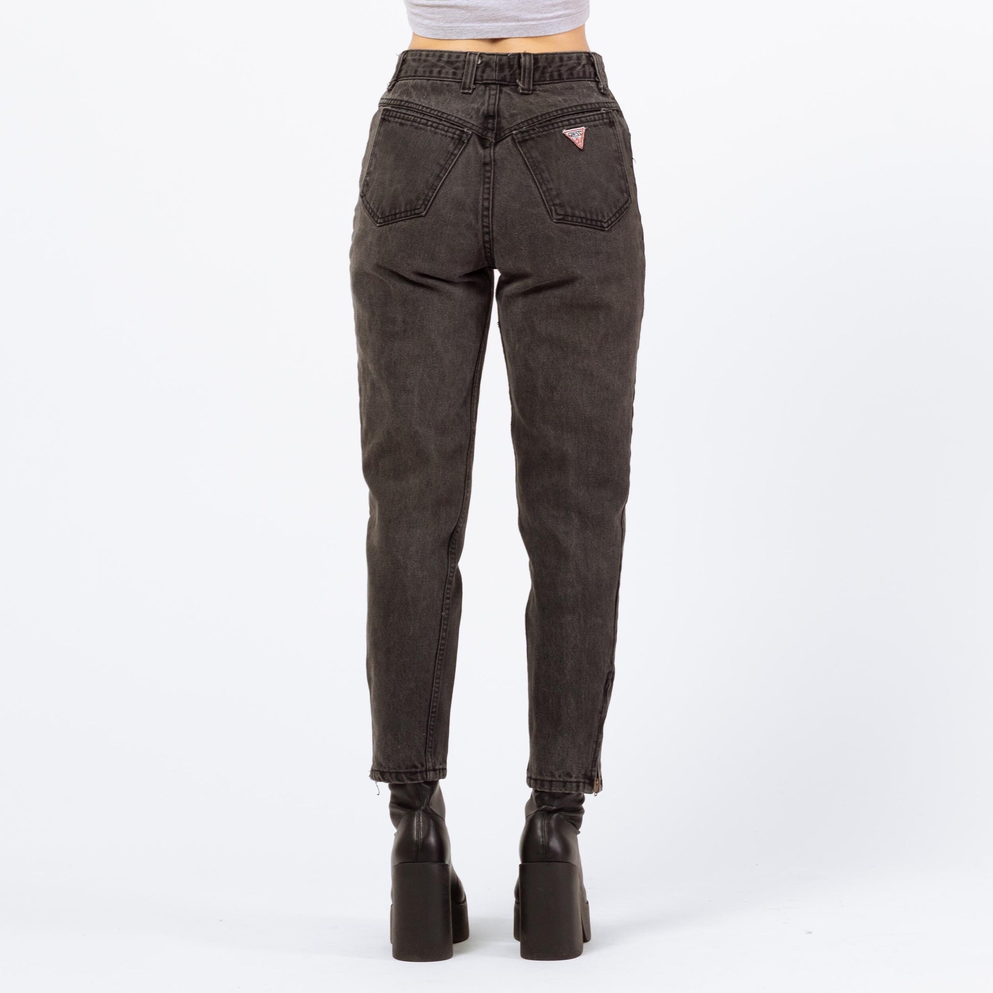 Vintage 90s Guess High Waisted Faded Black Ankle Zip Jeans - Petite Small, 26" | Denim Mom Jeans