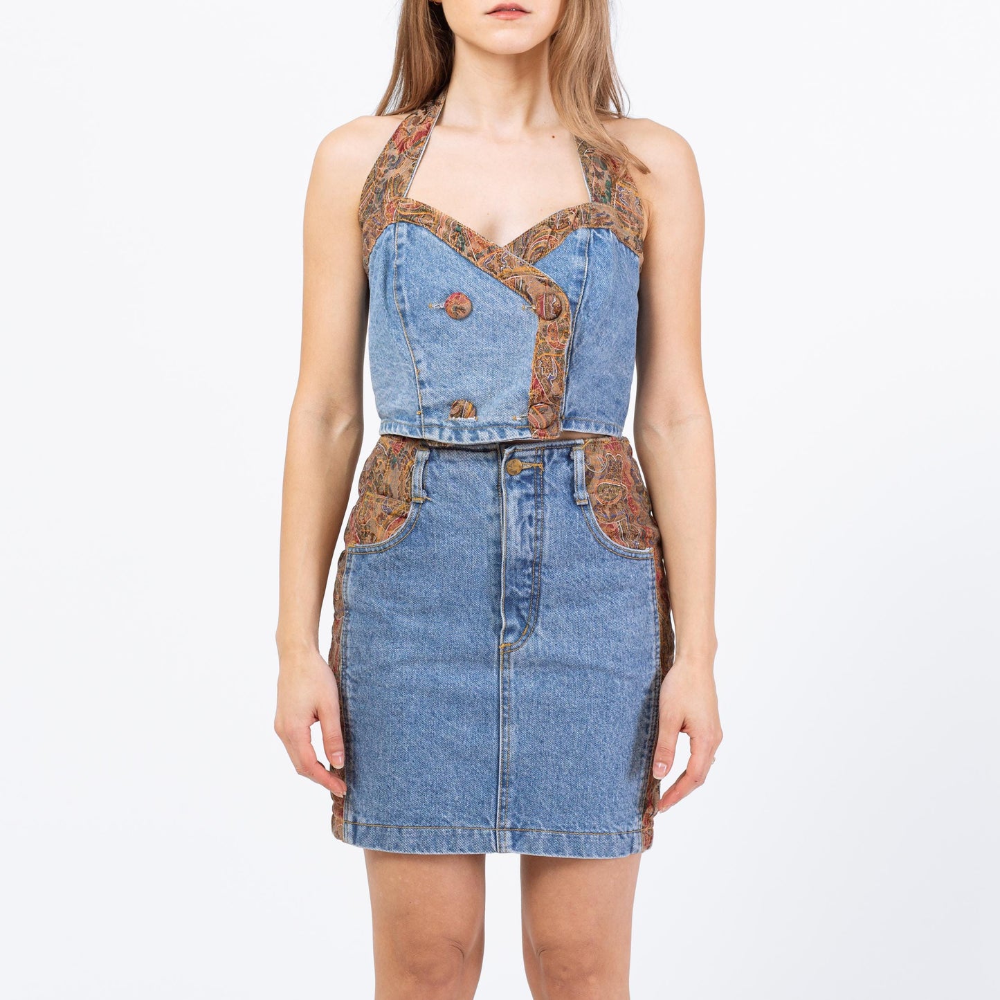 Vintage 80s Denim Tapestry Skirt Set - XS to Medium | Matching Three Piece Outfit Mini Dress