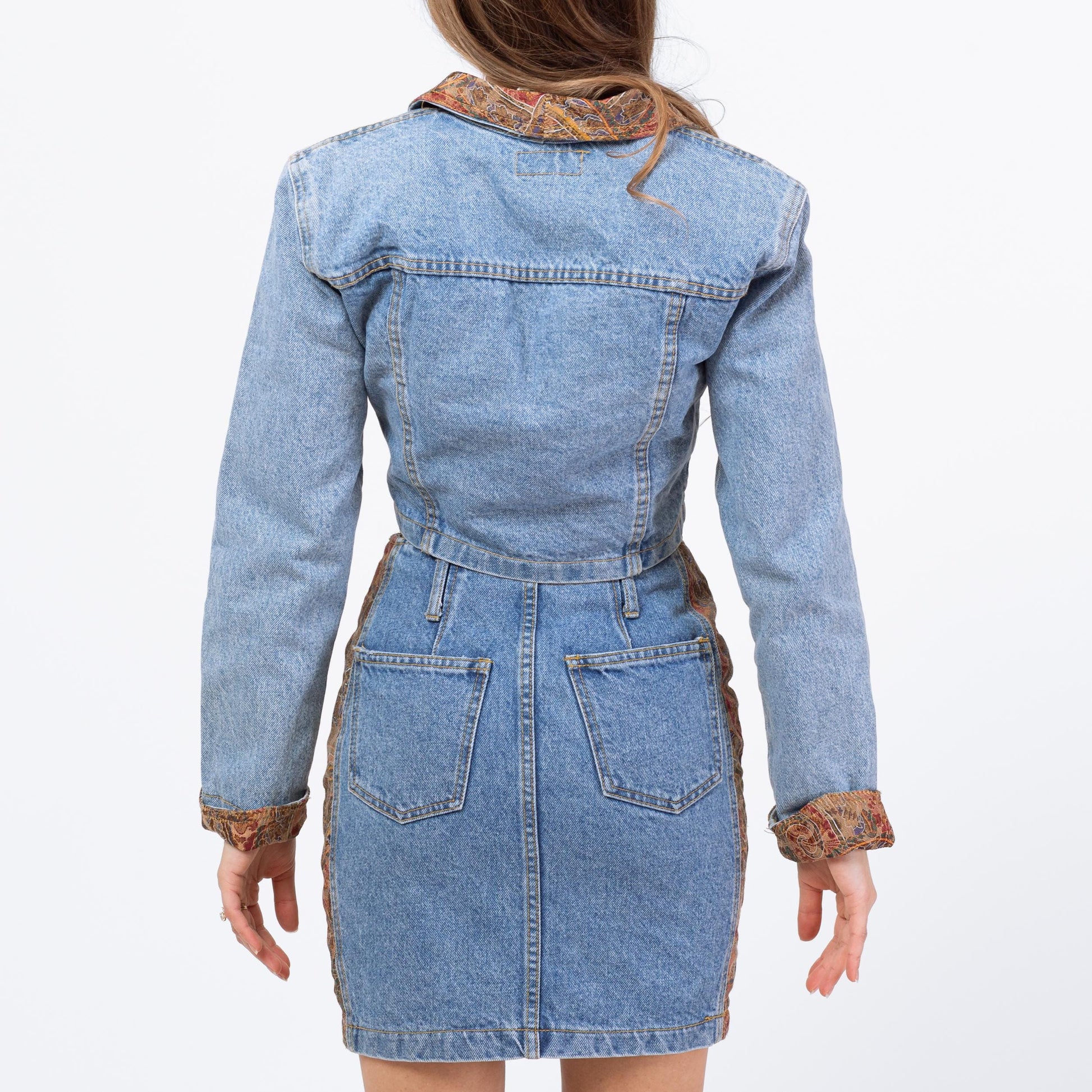 Vintage 80s Denim Tapestry Skirt Set - XS to Medium | Matching Three Piece Outfit Mini Dress