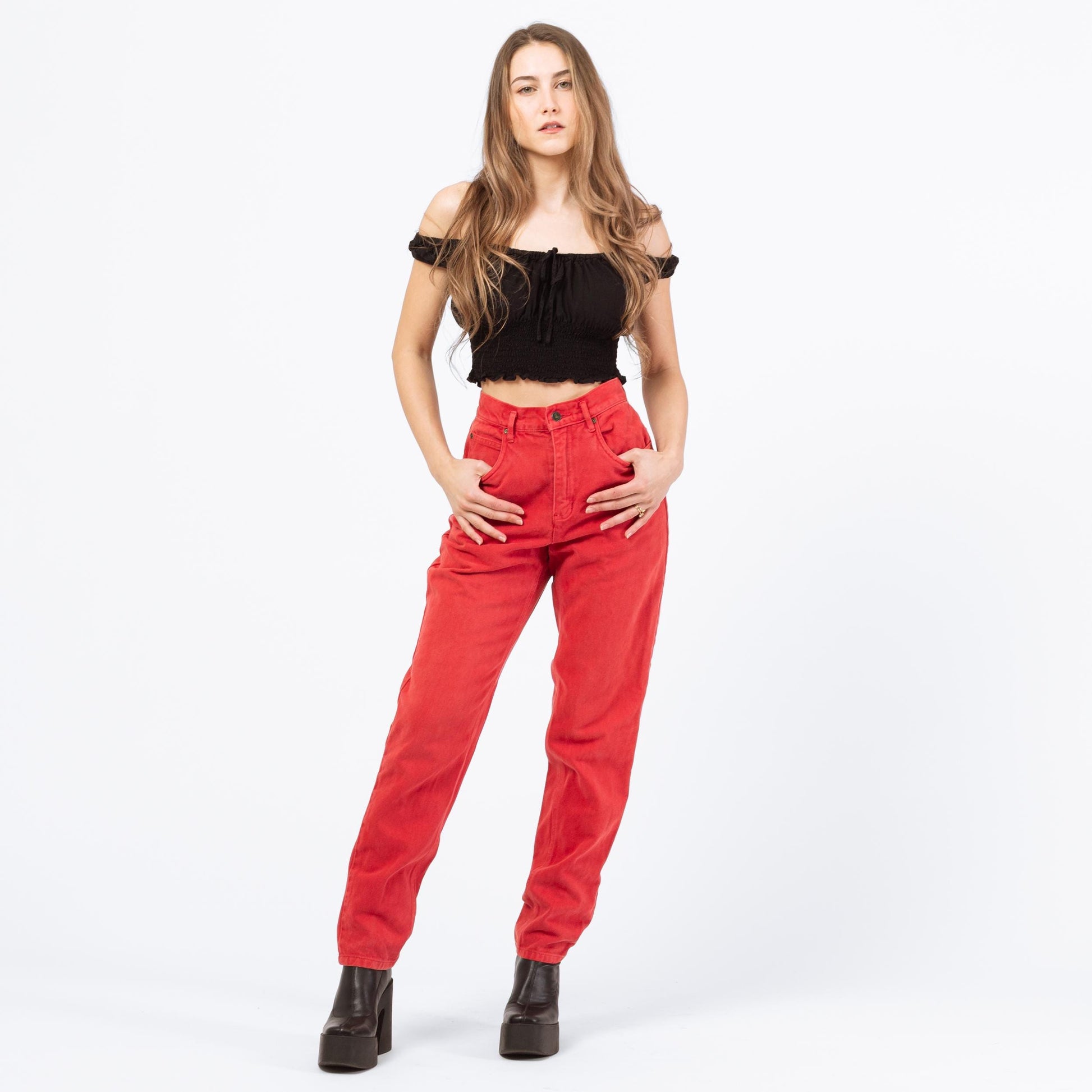 Vintage 90s Soft Red Denim High Waisted Jeans - Extra Small, 24" | Tapered Leg Mom Jeans