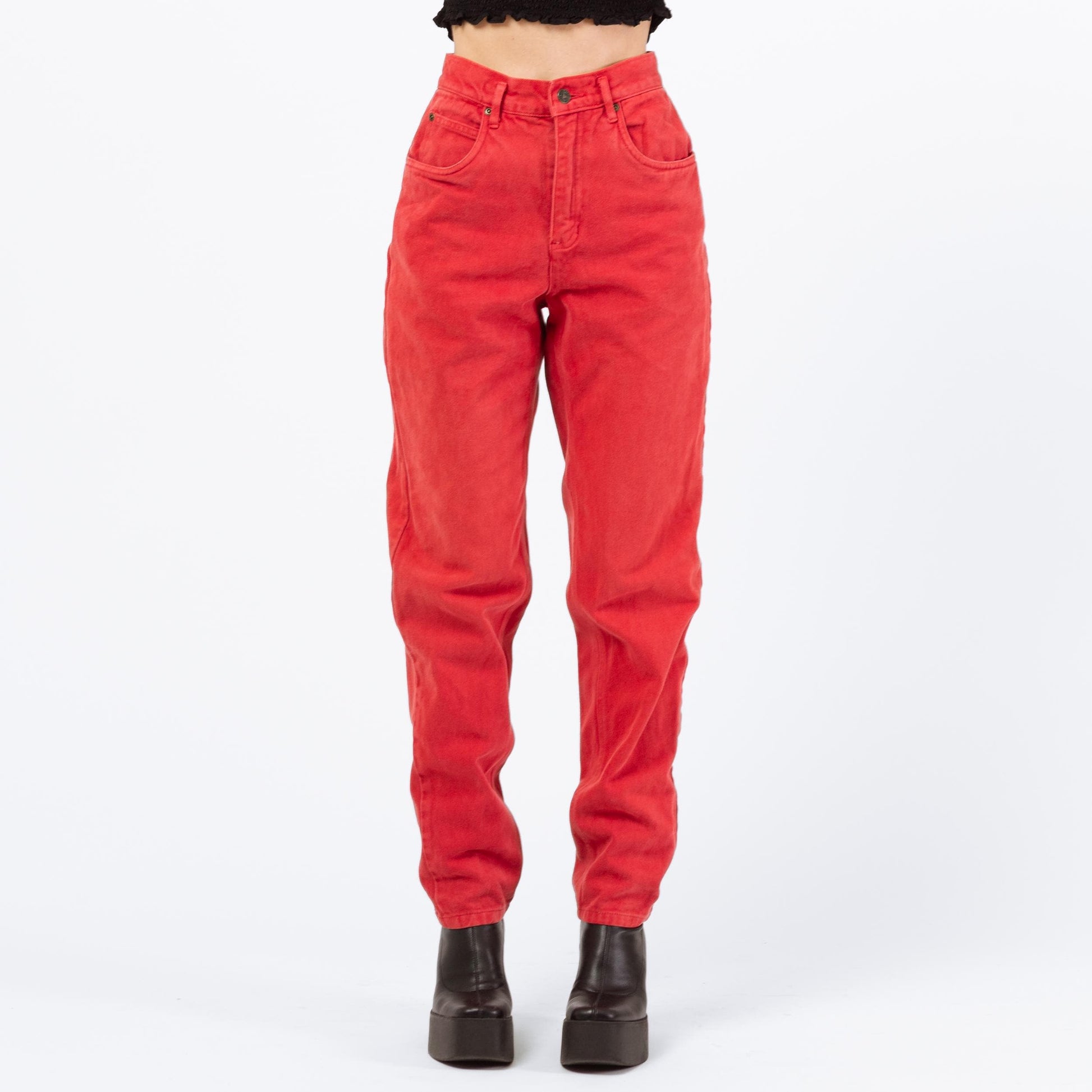 Vintage 90s Soft Red Denim High Waisted Jeans - Extra Small, 24" | Tapered Leg Mom Jeans
