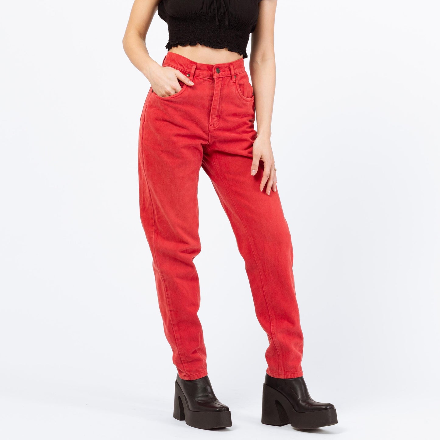 Vintage 90s Soft Red Denim High Waisted Jeans - Extra Small, 24" | Tapered Leg Mom Jeans