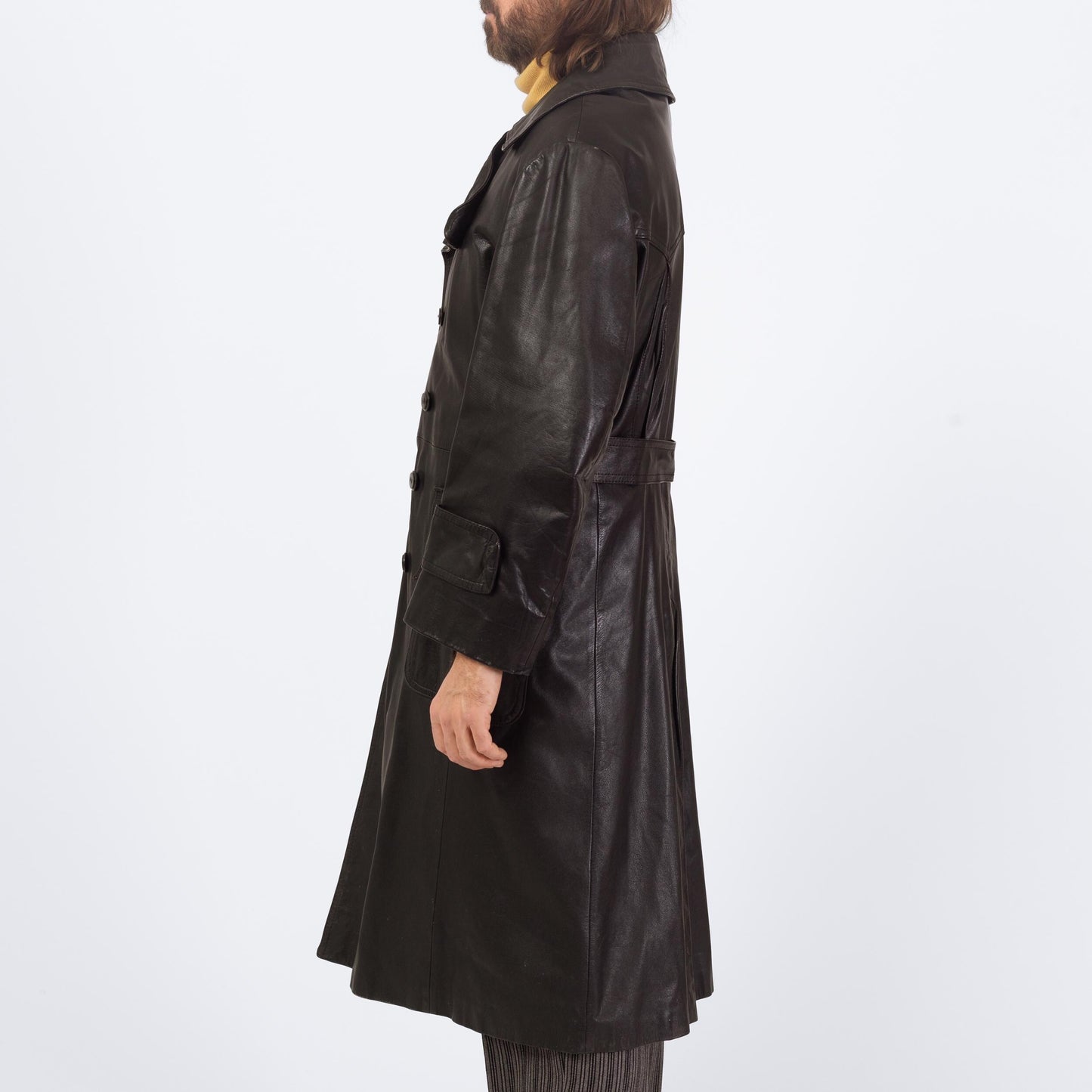 Vintage 70s 80s Black Leather Trench Coat - Large, Size 44 | Saxony Double Breasted Long Duster Jacket