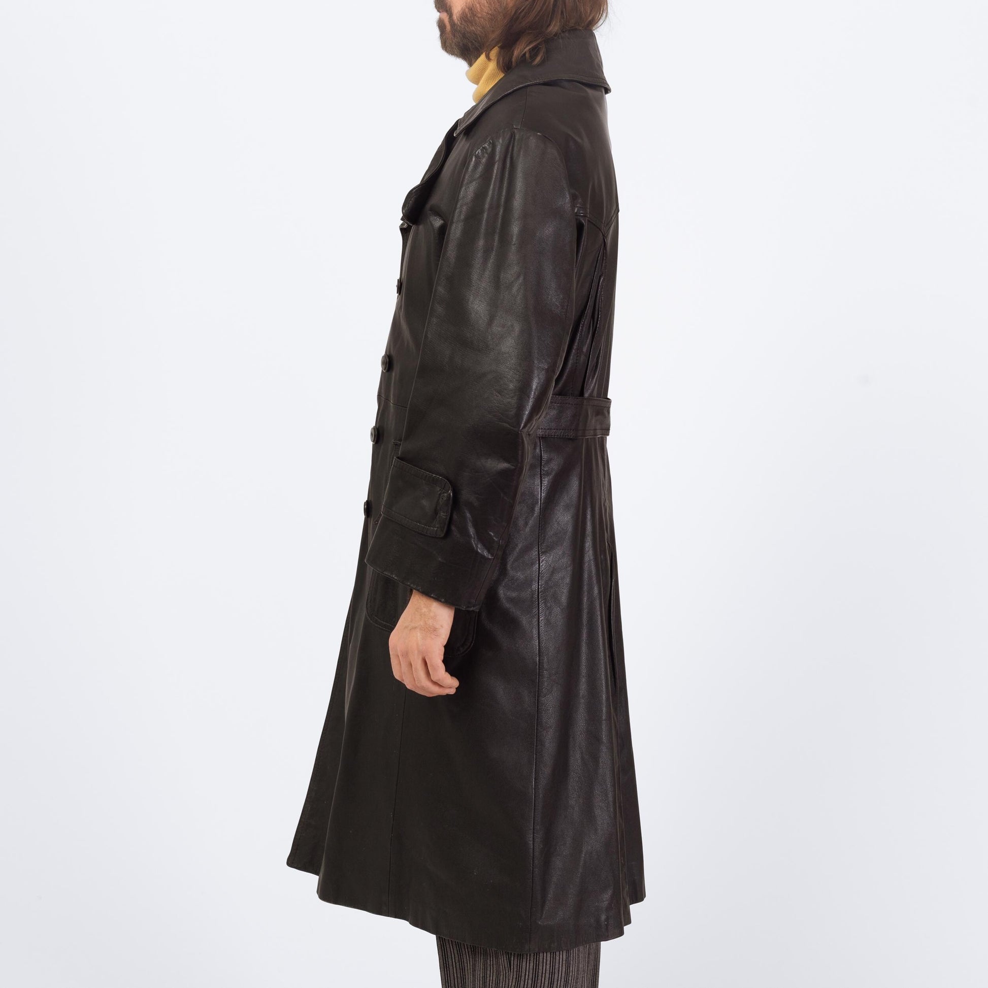 Vintage 70s 80s Black Leather Trench Coat - Large, Size 44 | Saxony Double Breasted Long Duster Jacket