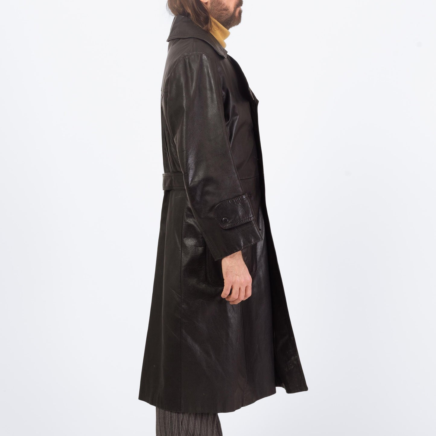 Vintage 70s 80s Black Leather Trench Coat - Large, Size 44 | Saxony Double Breasted Long Duster Jacket
