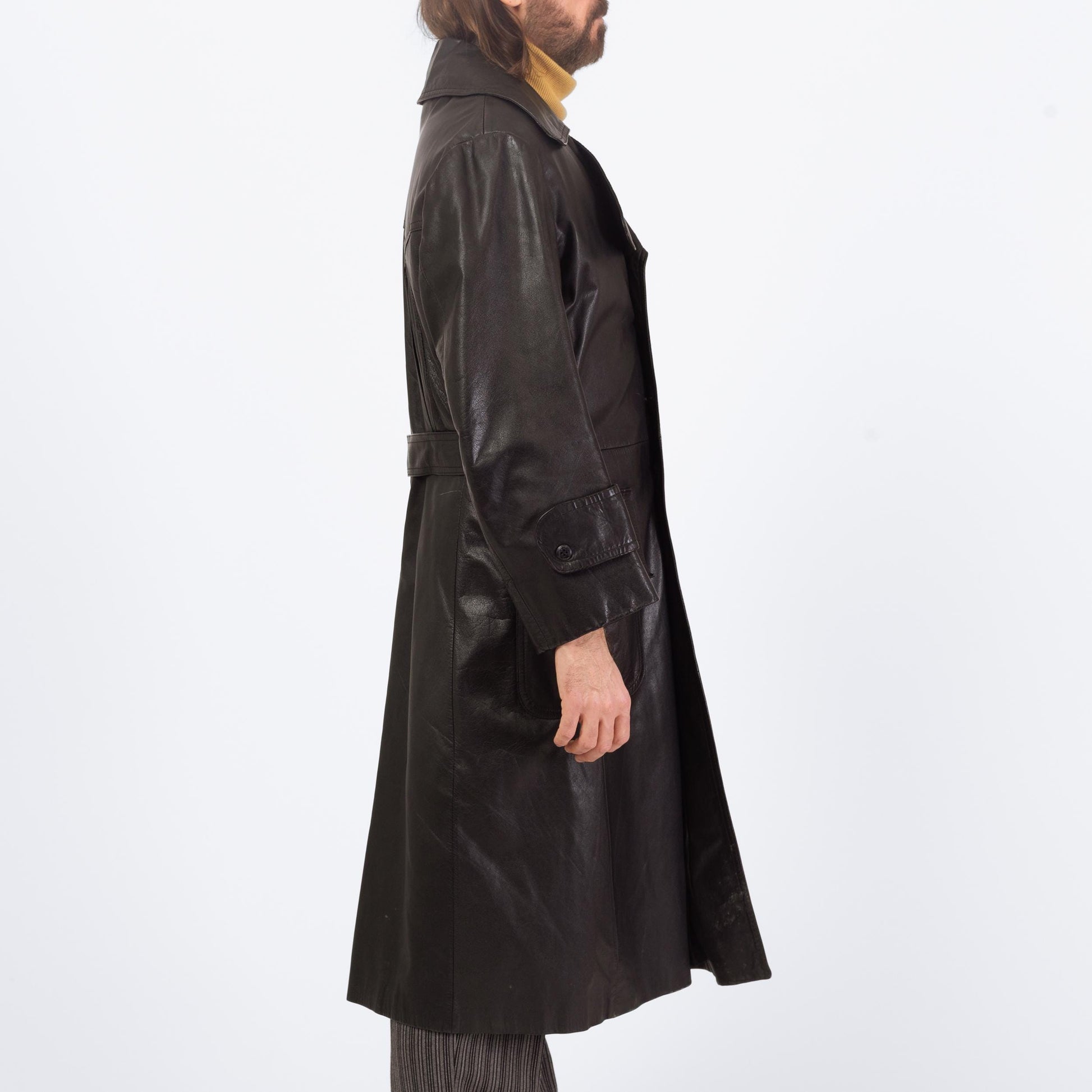 Vintage 70s 80s Black Leather Trench Coat - Large, Size 44 | Saxony Double Breasted Long Duster Jacket