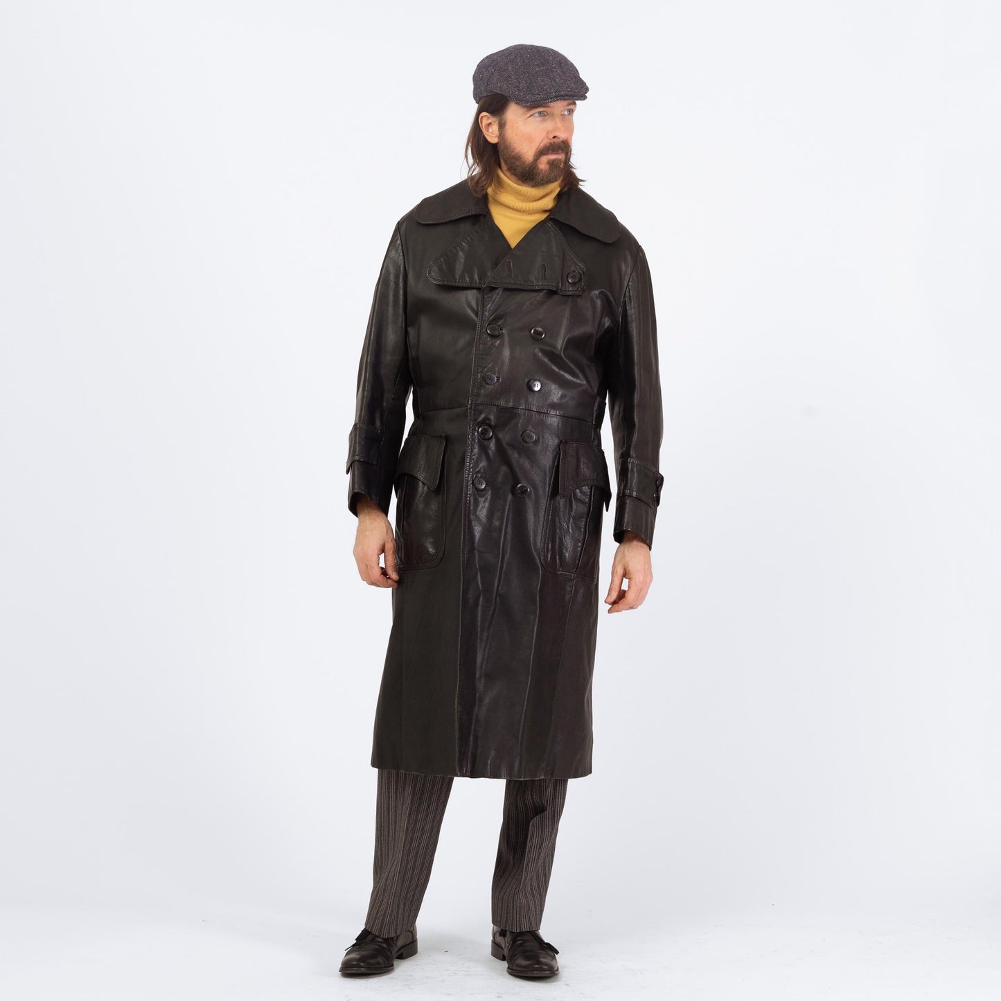 Vintage 70s 80s Black Leather Trench Coat - Large, Size 44 | Saxony Double Breasted Long Duster Jacket