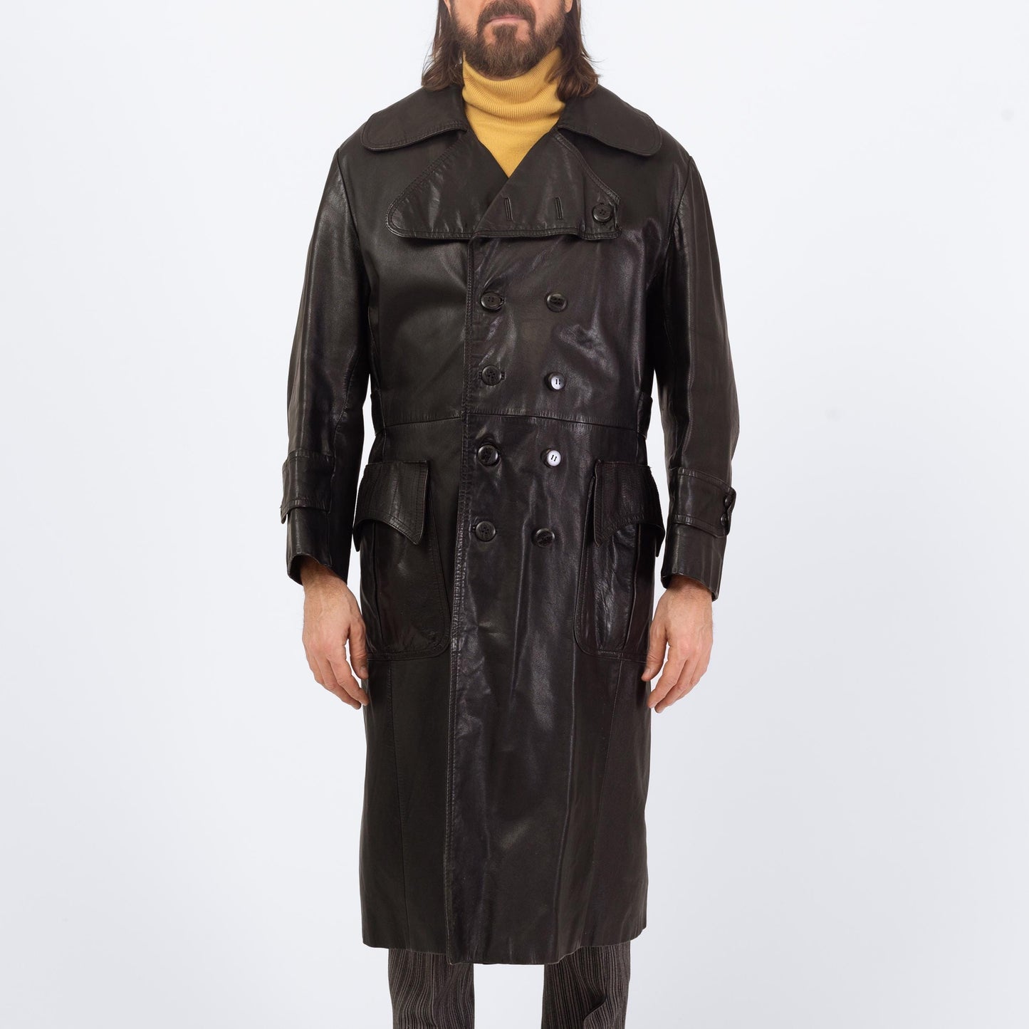 Vintage 70s 80s Black Leather Trench Coat - Large, Size 44 | Saxony Double Breasted Long Duster Jacket