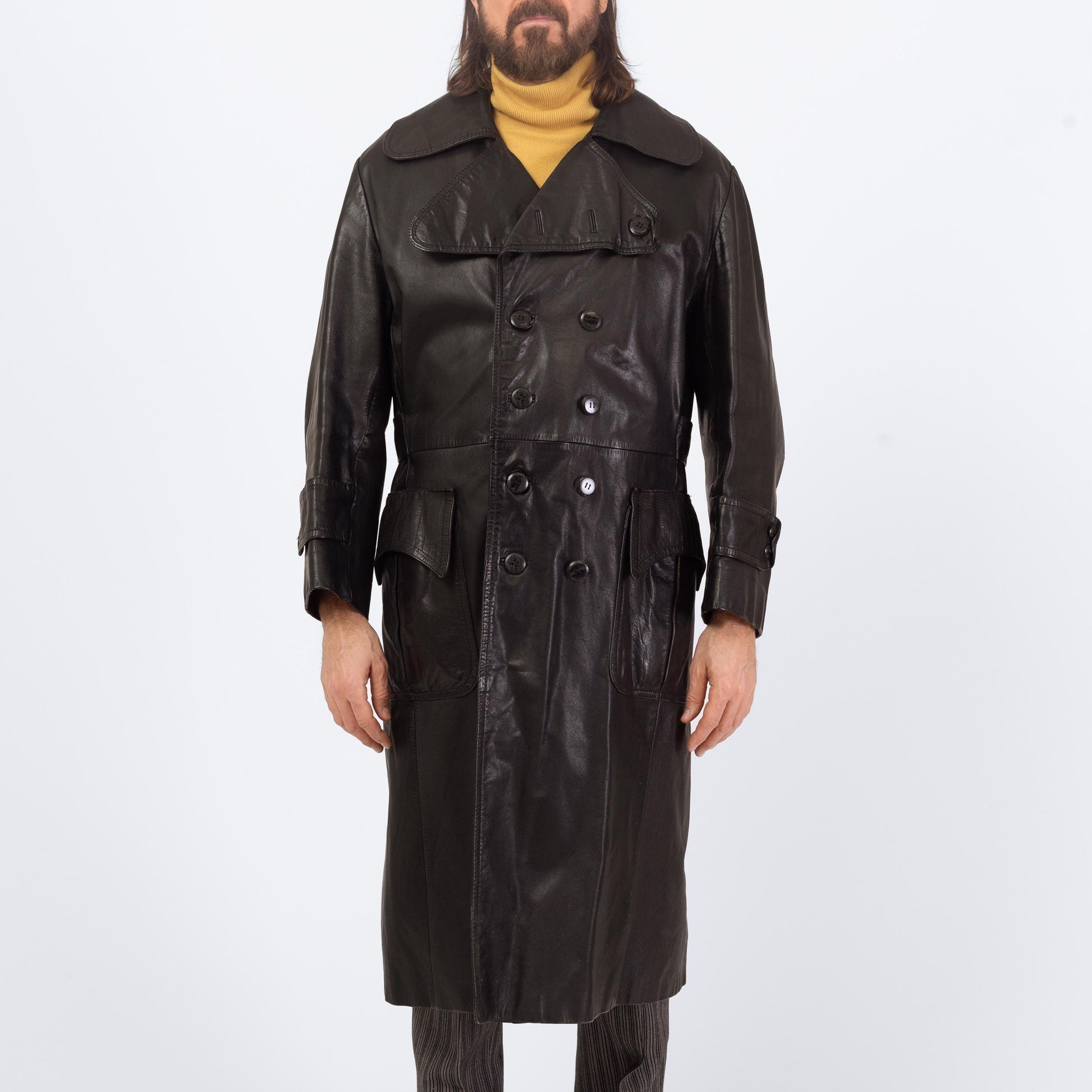 Vintage 70s 80s Black Leather Trench Coat - Large, Size 44 | Saxony Double Breasted Long Duster Jacket