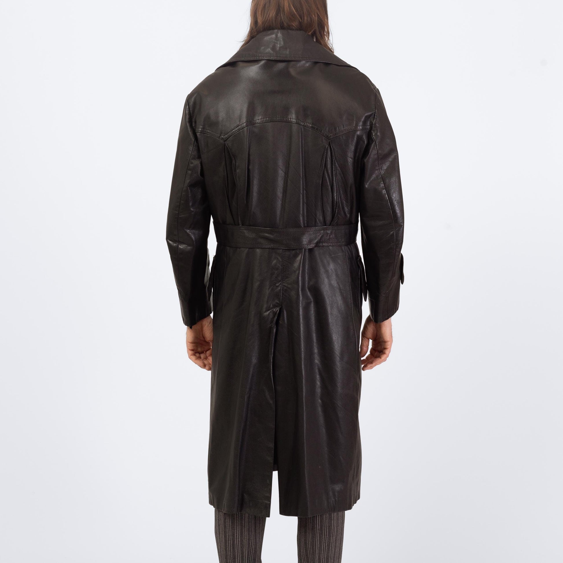 Vintage 70s 80s Black Leather Trench Coat - Large, Size 44 | Saxony Double Breasted Long Duster Jacket
