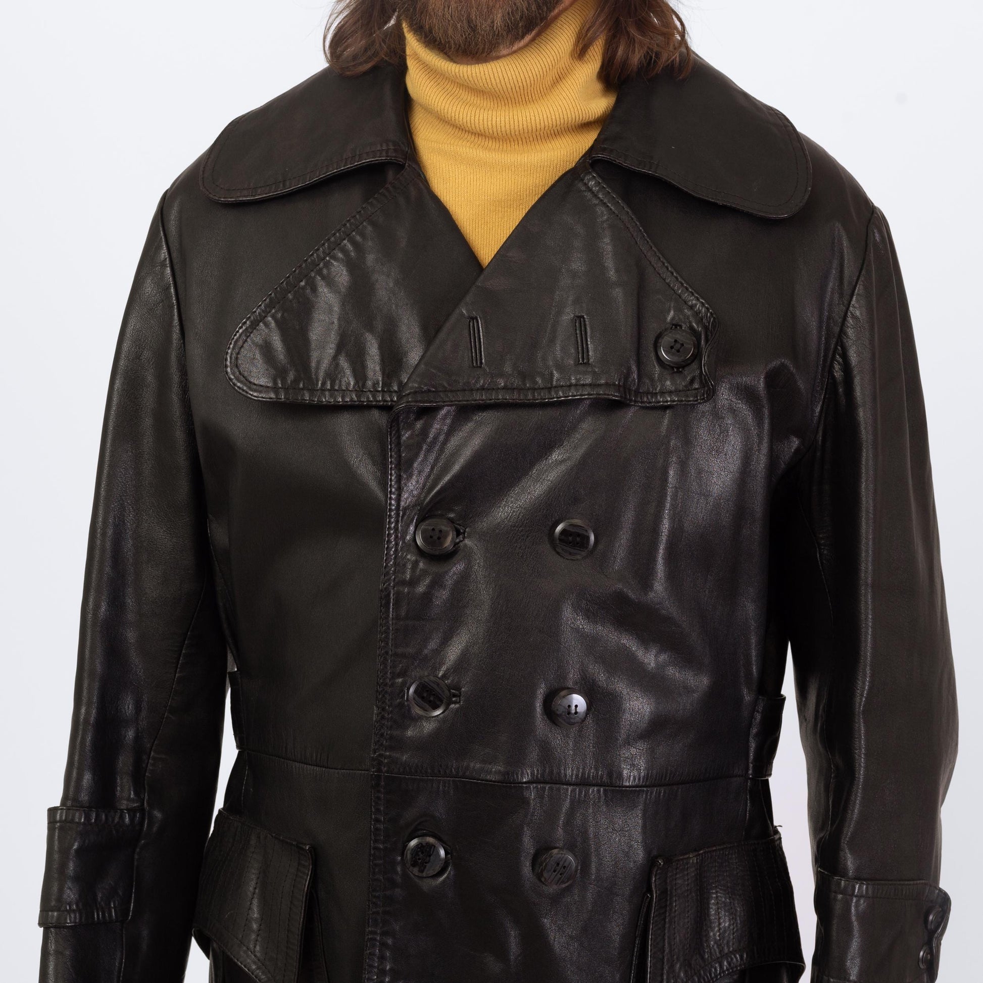 Vintage 70s 80s Black Leather Trench Coat - Large, Size 44 | Saxony Double Breasted Long Duster Jacket