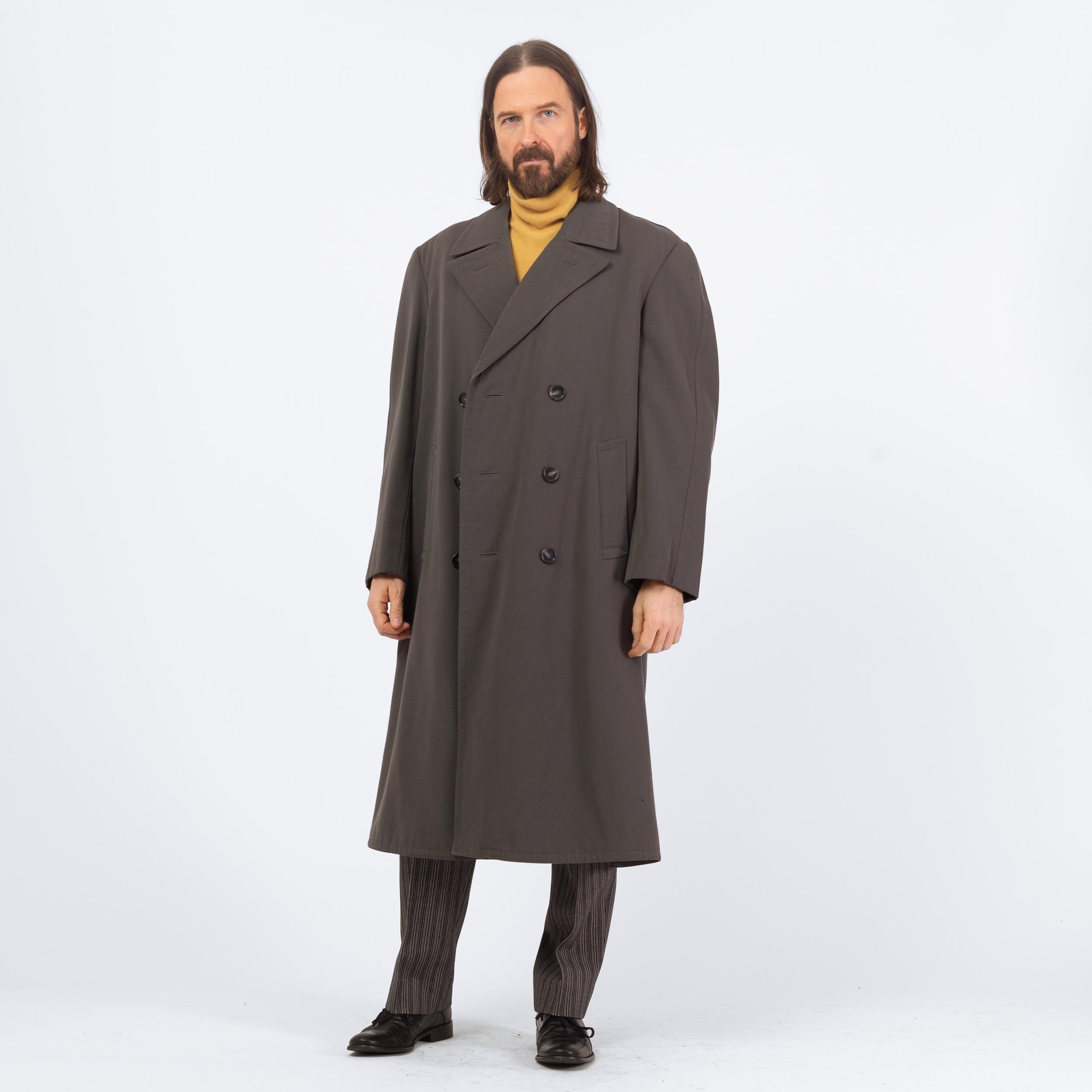 Vintage 60s Dove Grey Wool Belted Military Trench Coat - Extra