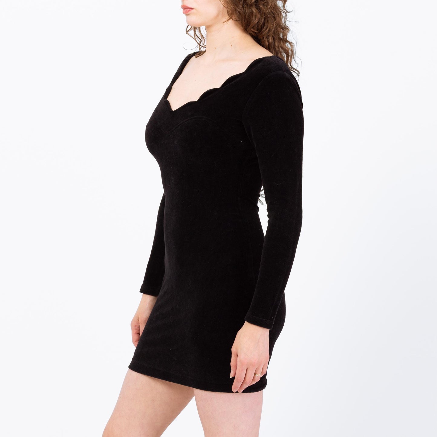 Vintage 80s Black Velvet Low Back Party Dress - Small | Scalloped V Neck Long Sleeve Mini Cocktail Dress