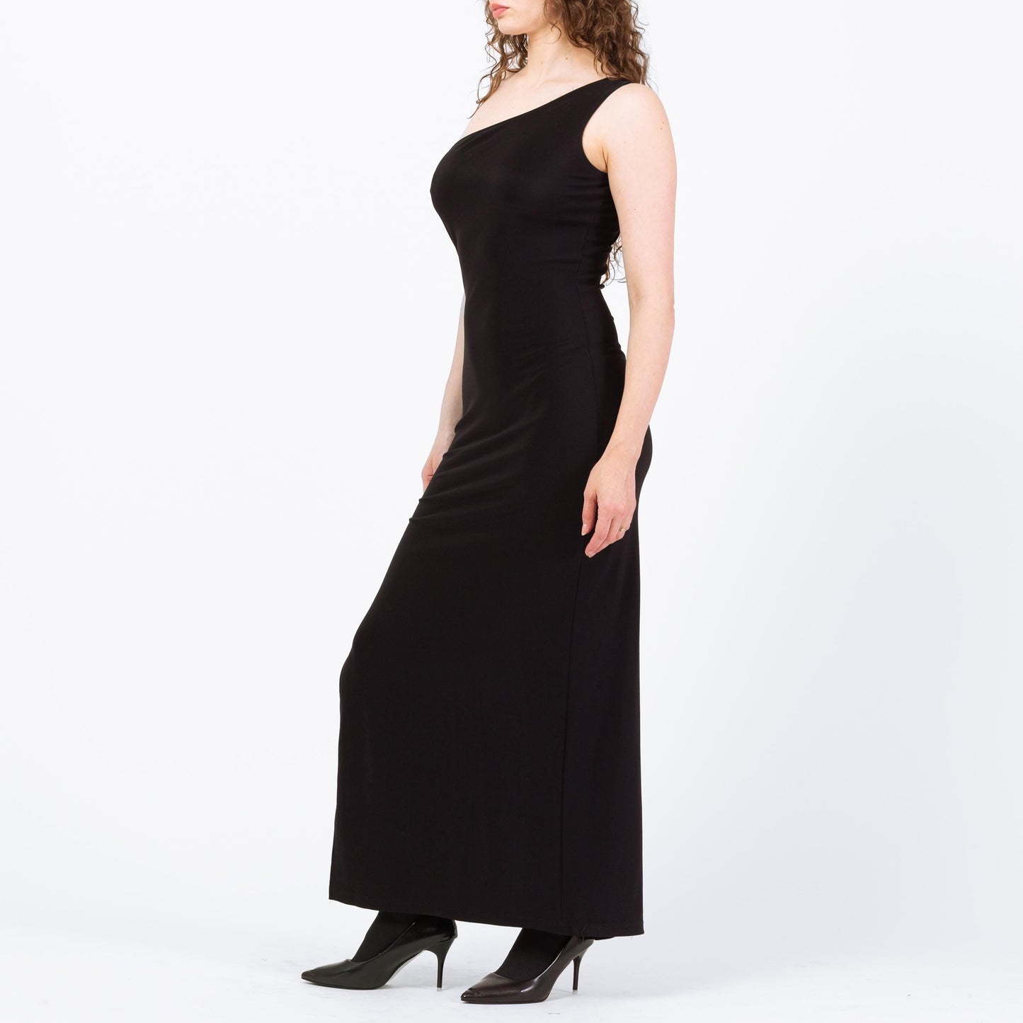 Vintage 90s Black Cage Cut Out Maxi Dress - Medium | One Shoulder High Side Slit Party Dress