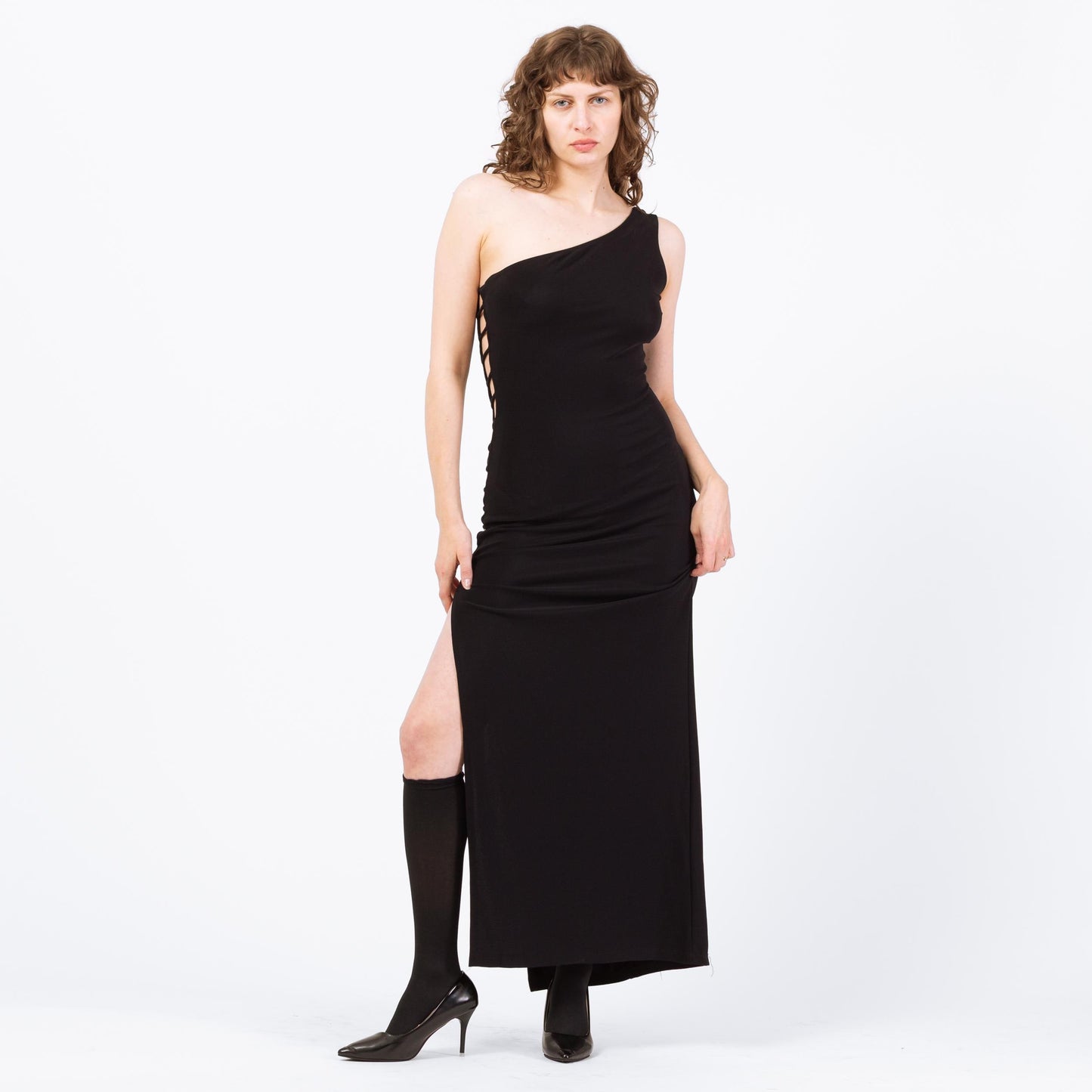 Vintage 90s Black Cage Cut Out Maxi Dress - Medium | One Shoulder High Side Slit Party Dress