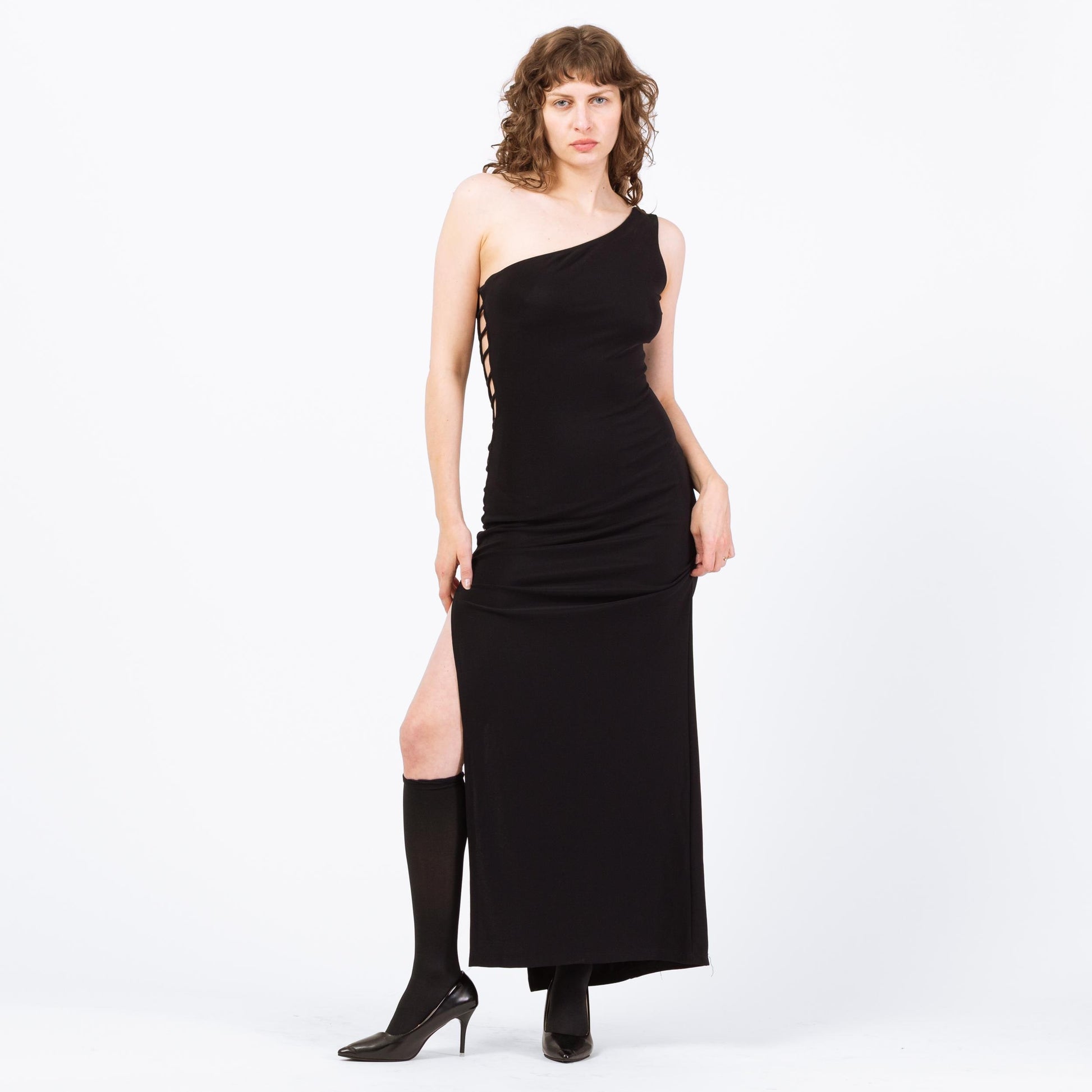 Vintage 90s Black Cage Cut Out Maxi Dress - Medium | One Shoulder High Side Slit Party Dress