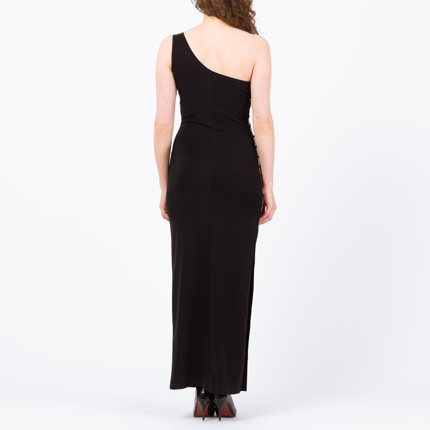 Vintage 90s Black Cage Cut Out Maxi Dress - Medium | One Shoulder High Side Slit Party Dress