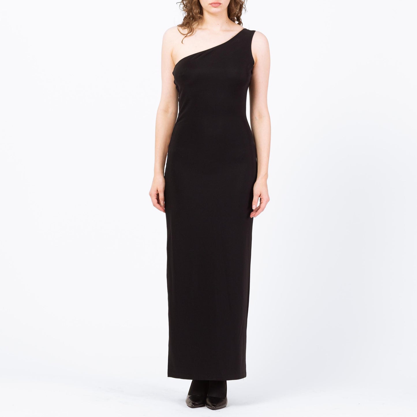 Vintage 90s Black Cage Cut Out Maxi Dress - Medium | One Shoulder High Side Slit Party Dress