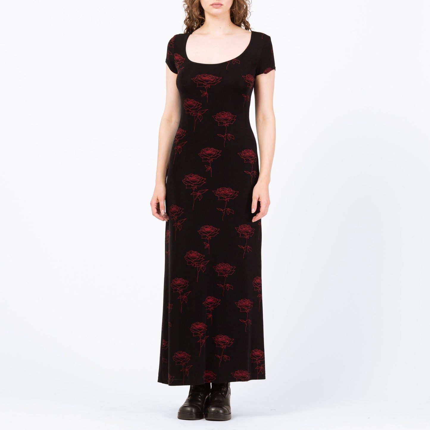 Vintage 90s Black & Red Gothic Floral Slinky Maxi Dress - Medium to Large | Stretchy Rose Print Dress