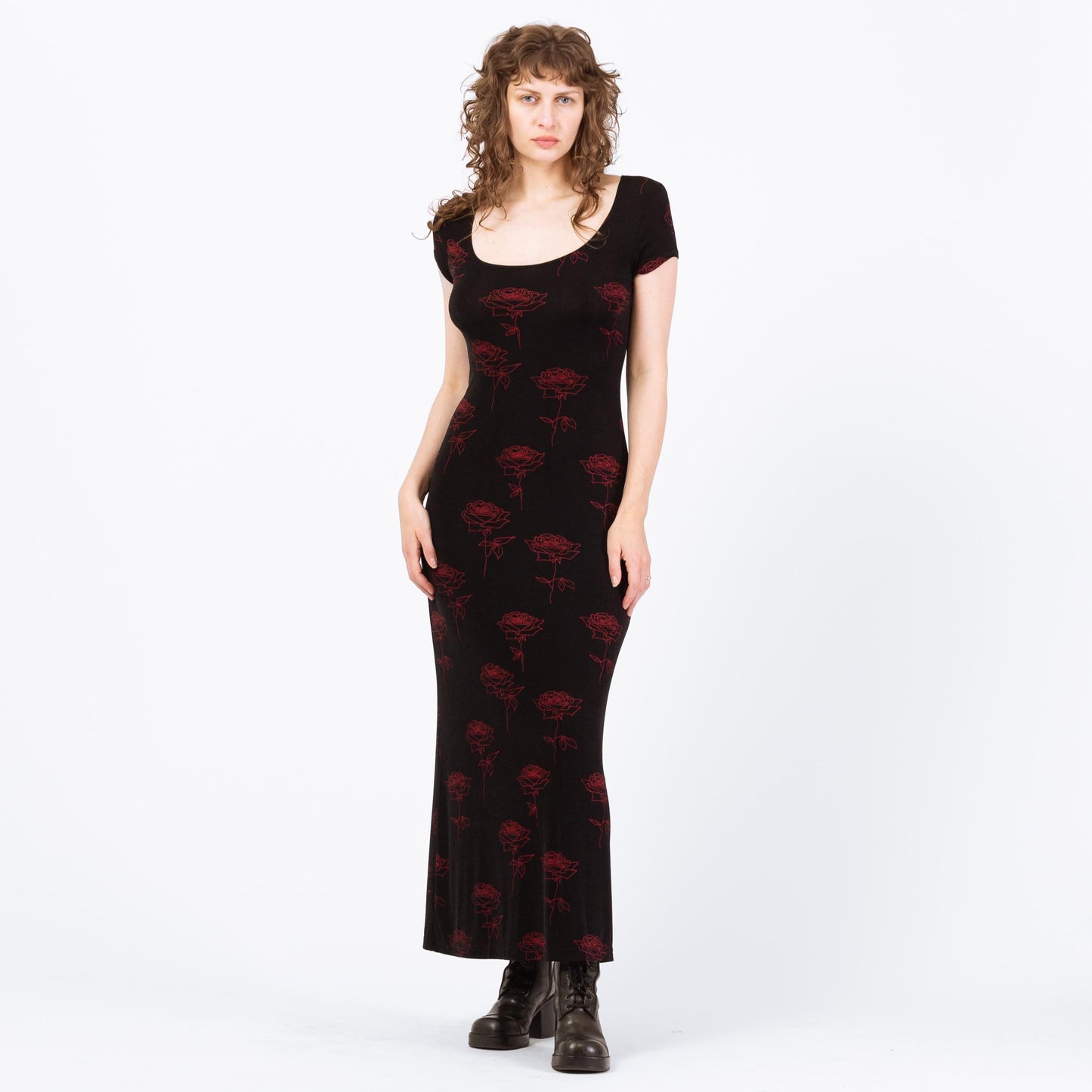 Vintage 90s Black & Red Gothic Floral Slinky Maxi Dress - Medium to Large | Stretchy Rose Print Dress