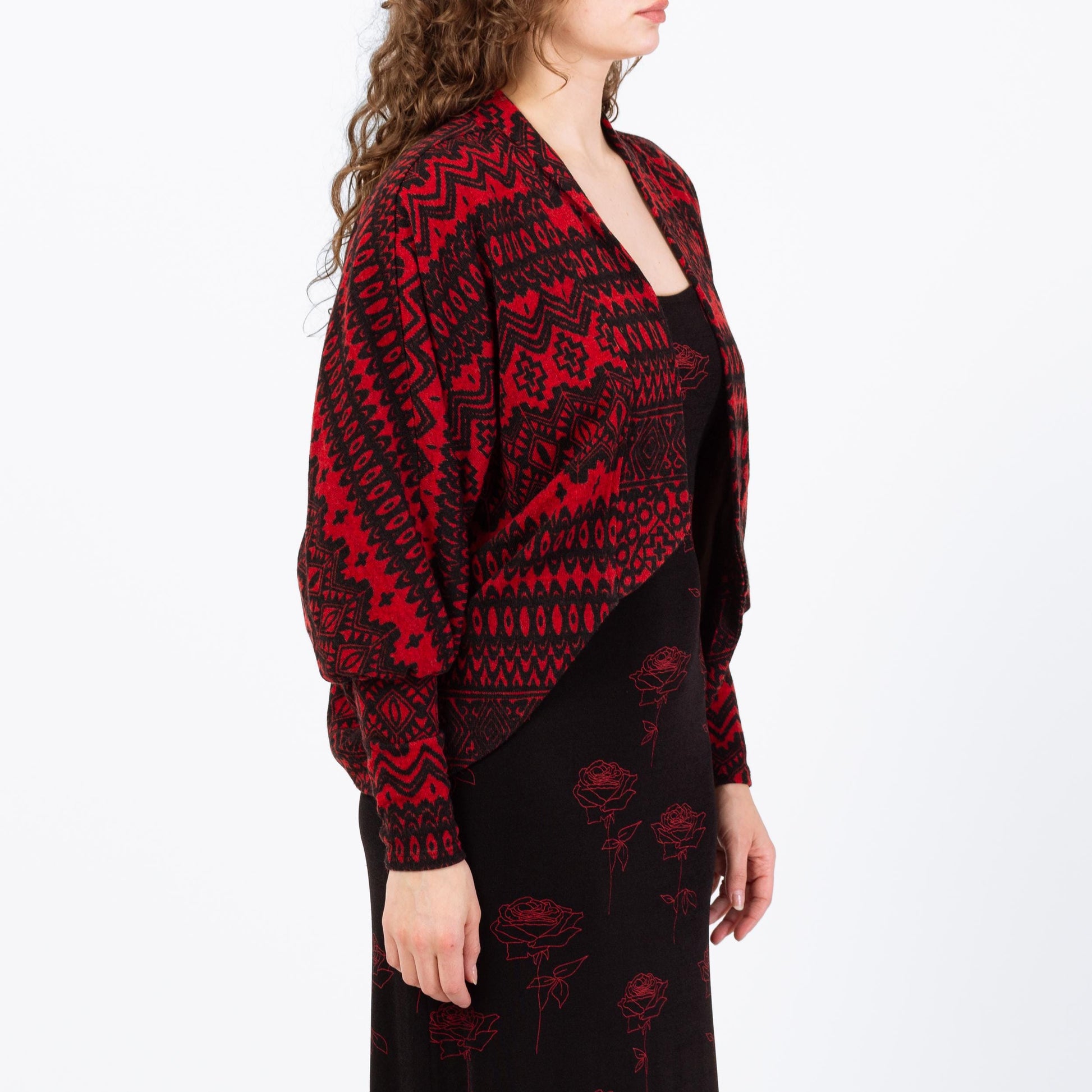 Vintage Y2K Red & Black Dolman Sleeve Cardigan - Extra Small | Open Fit Knit Jacket
