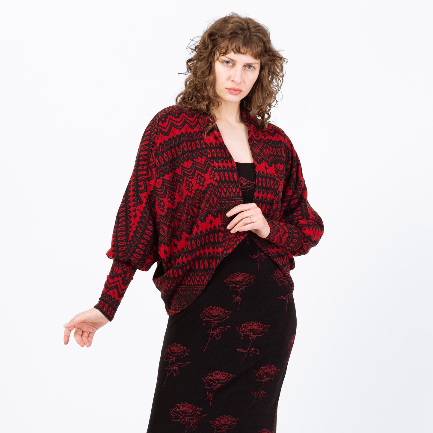 Vintage Y2K Red & Black Dolman Sleeve Cardigan - Extra Small | Open Fit Knit Jacket