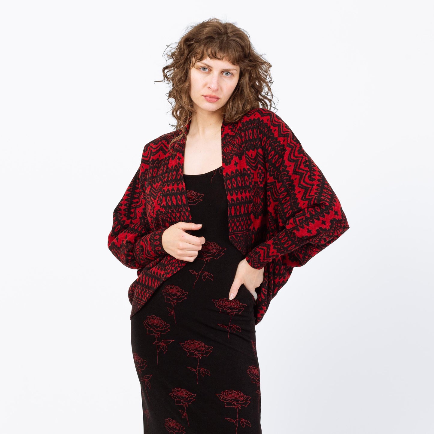 Vintage Y2K Red & Black Dolman Sleeve Cardigan - Extra Small | Open Fit Knit Jacket