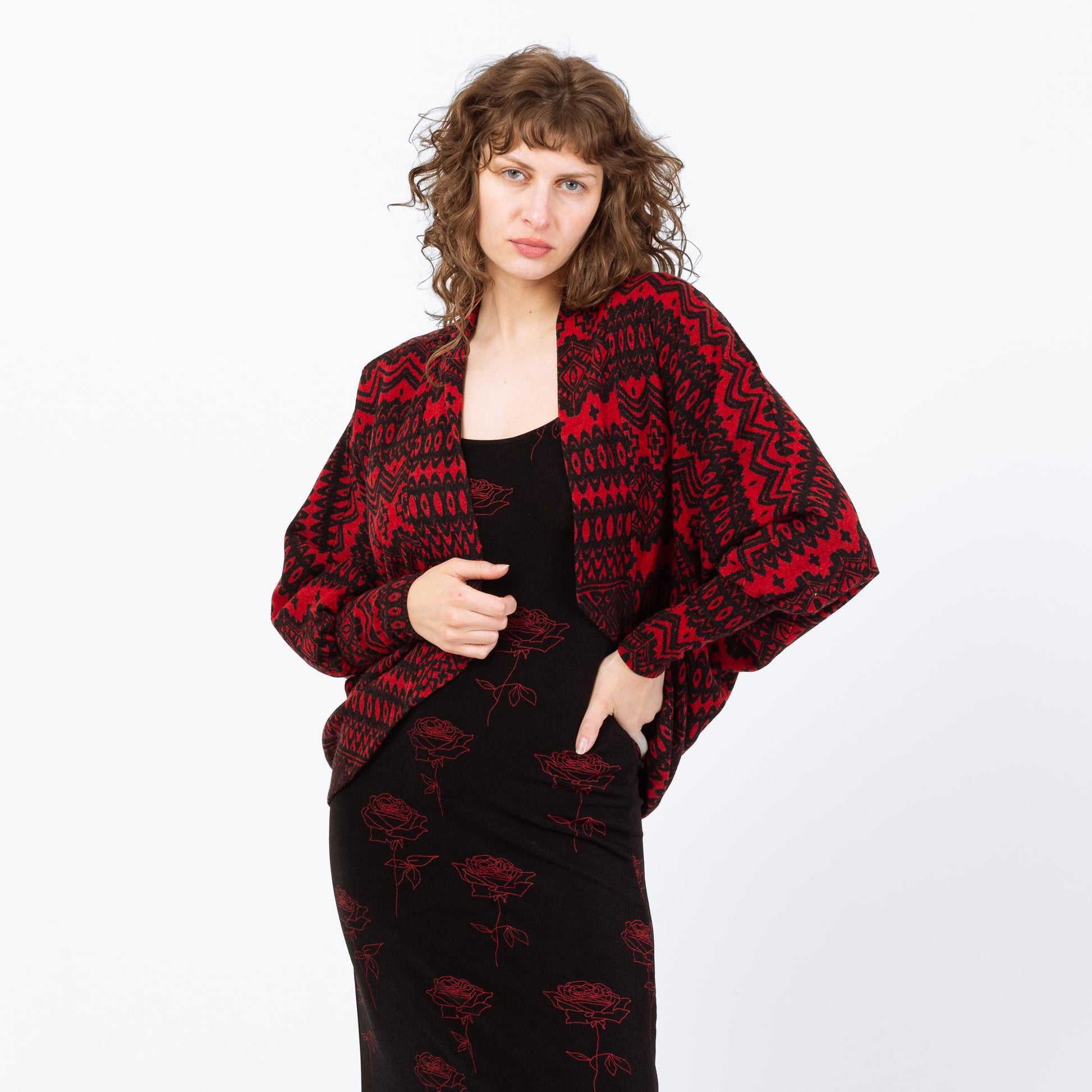 Vintage Y2K Red & Black Dolman Sleeve Cardigan - Extra Small | Open Fit Knit Jacket