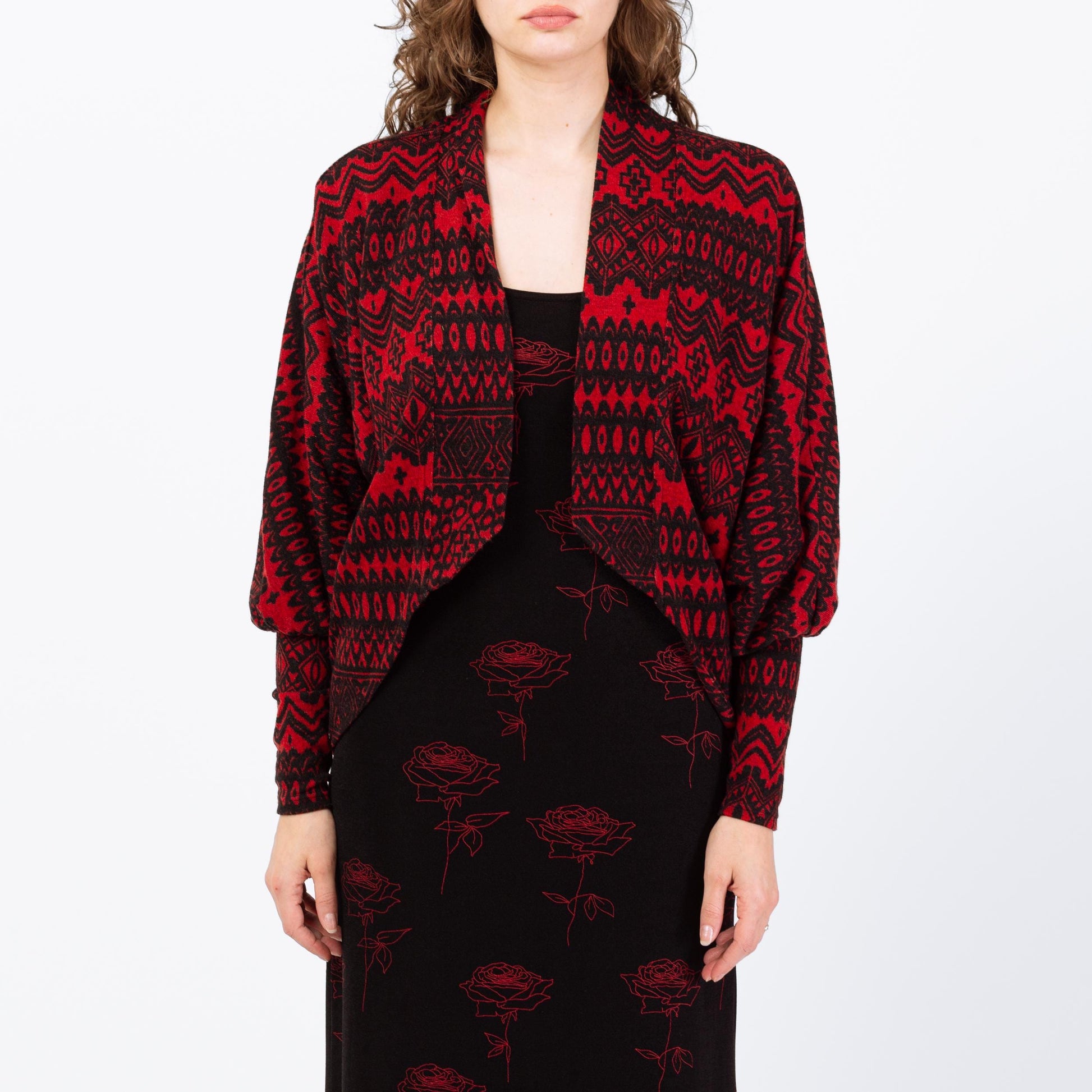 Vintage Y2K Red & Black Dolman Sleeve Cardigan - Extra Small | Open Fit Knit Jacket