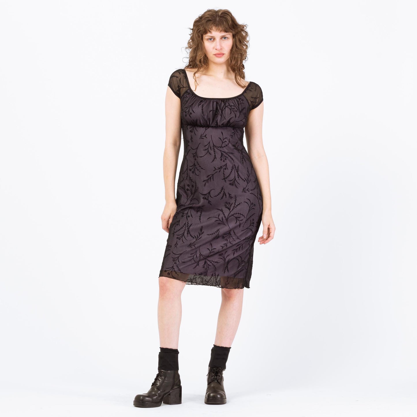 Vintage 90s Gothic Flocked Velvet Floral Dress - Medium | Black & Purple Milkmaid Party Dress