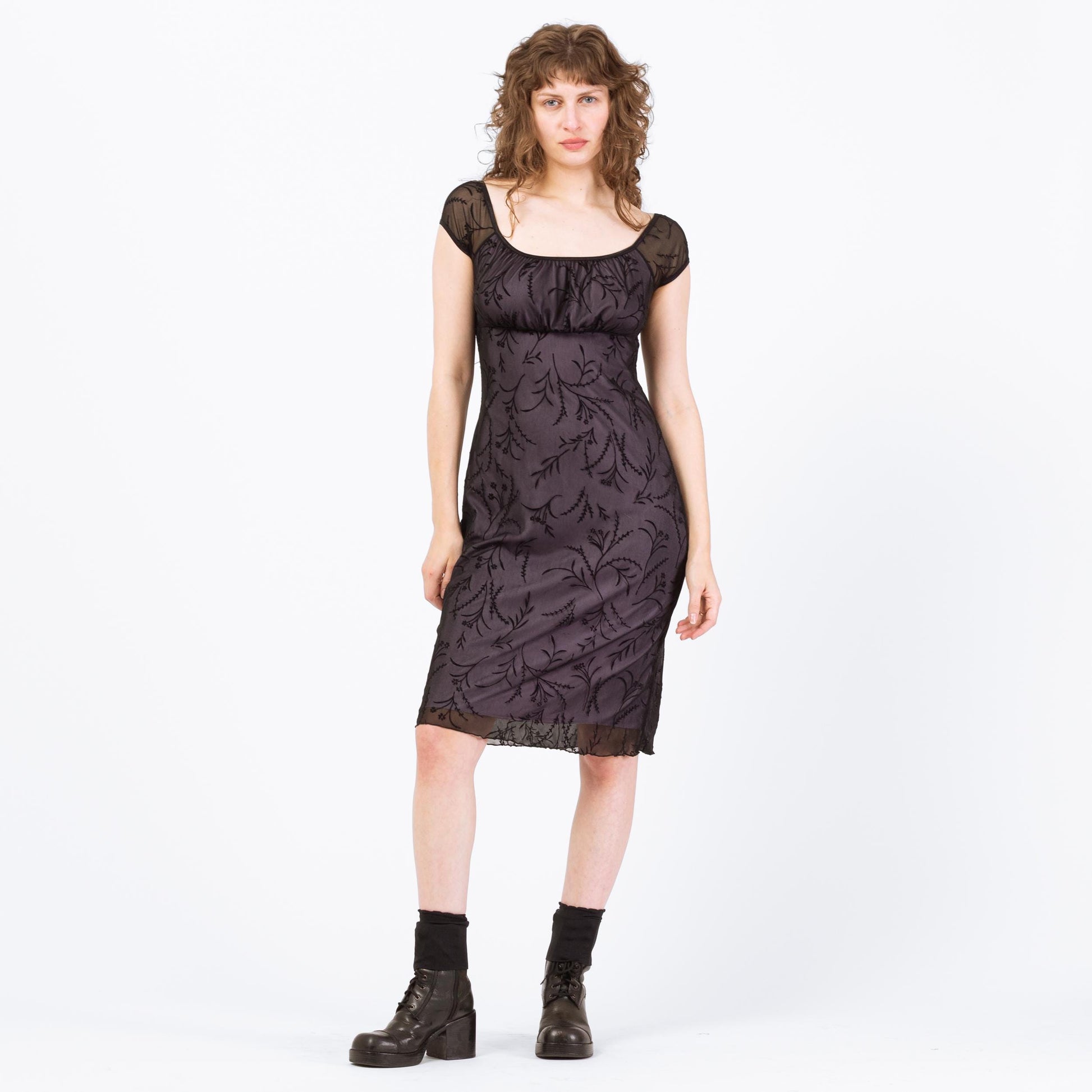Vintage 90s Gothic Flocked Velvet Floral Dress - Medium | Black & Purple Milkmaid Party Dress