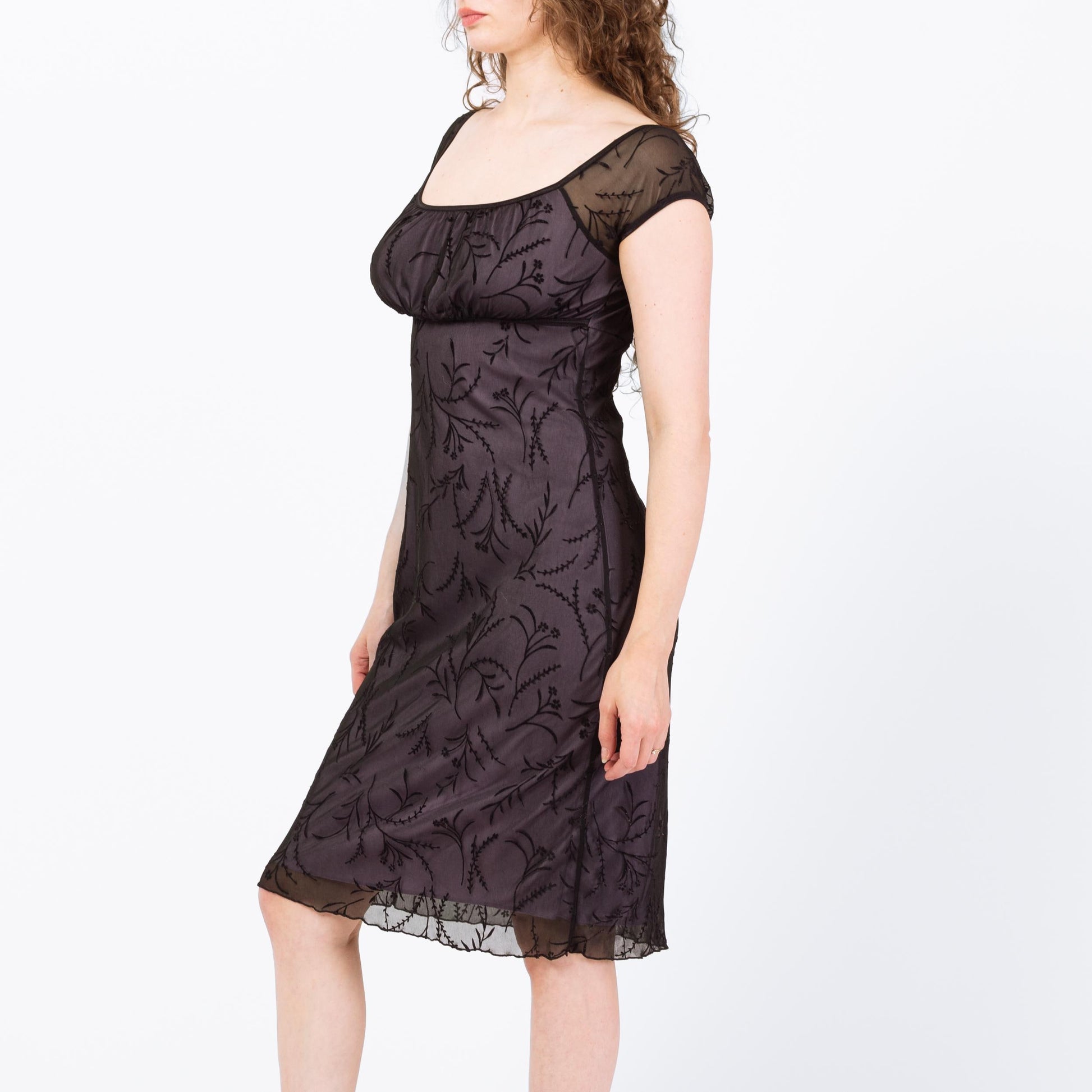 Vintage 90s Gothic Flocked Velvet Floral Dress - Medium | Black & Purple Milkmaid Party Dress