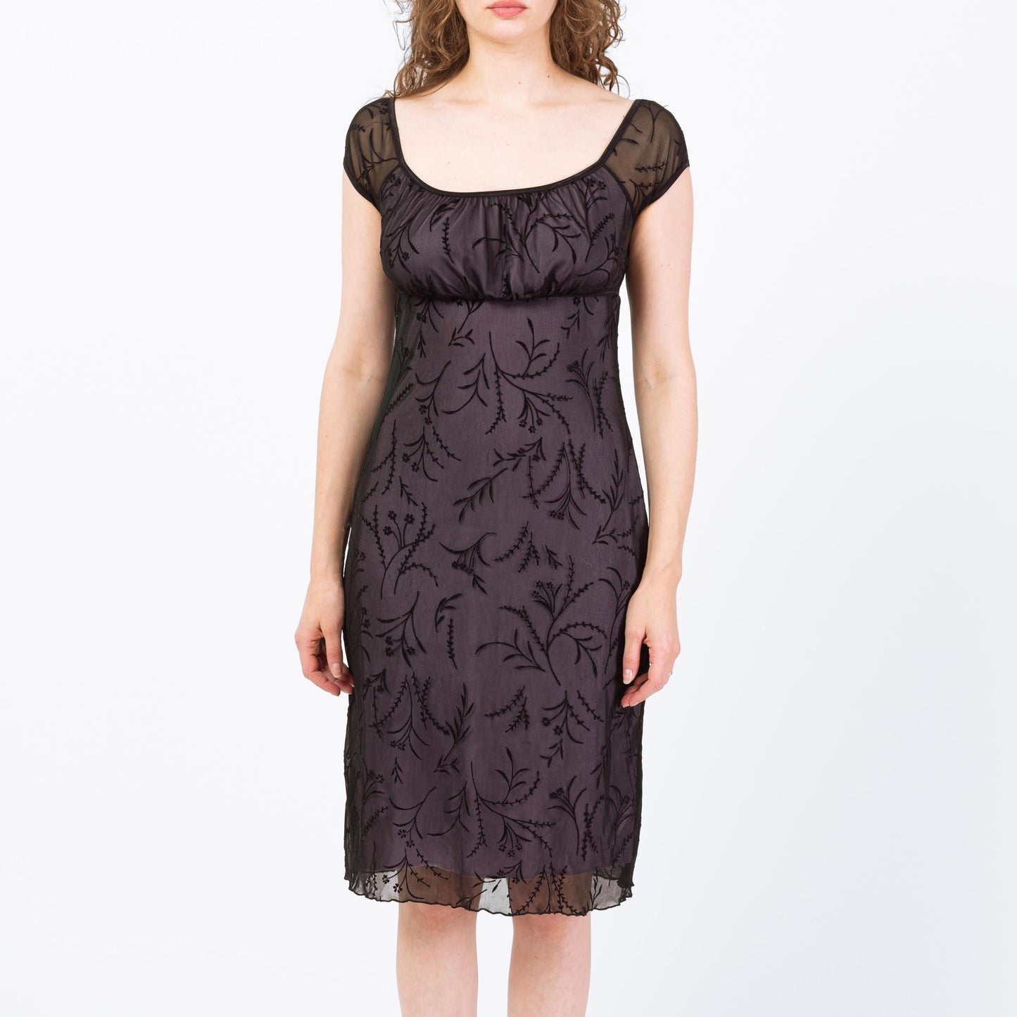 Vintage 90s Gothic Flocked Velvet Floral Dress - Medium | Black & Purple Milkmaid Party Dress