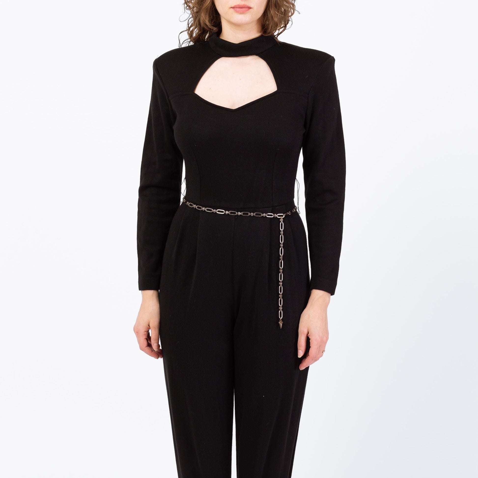 Vintage 80s Black Keyhole Neckline Catsuit - Small to Medium | Formal Long Sleeve Stirrup Jumpsuit