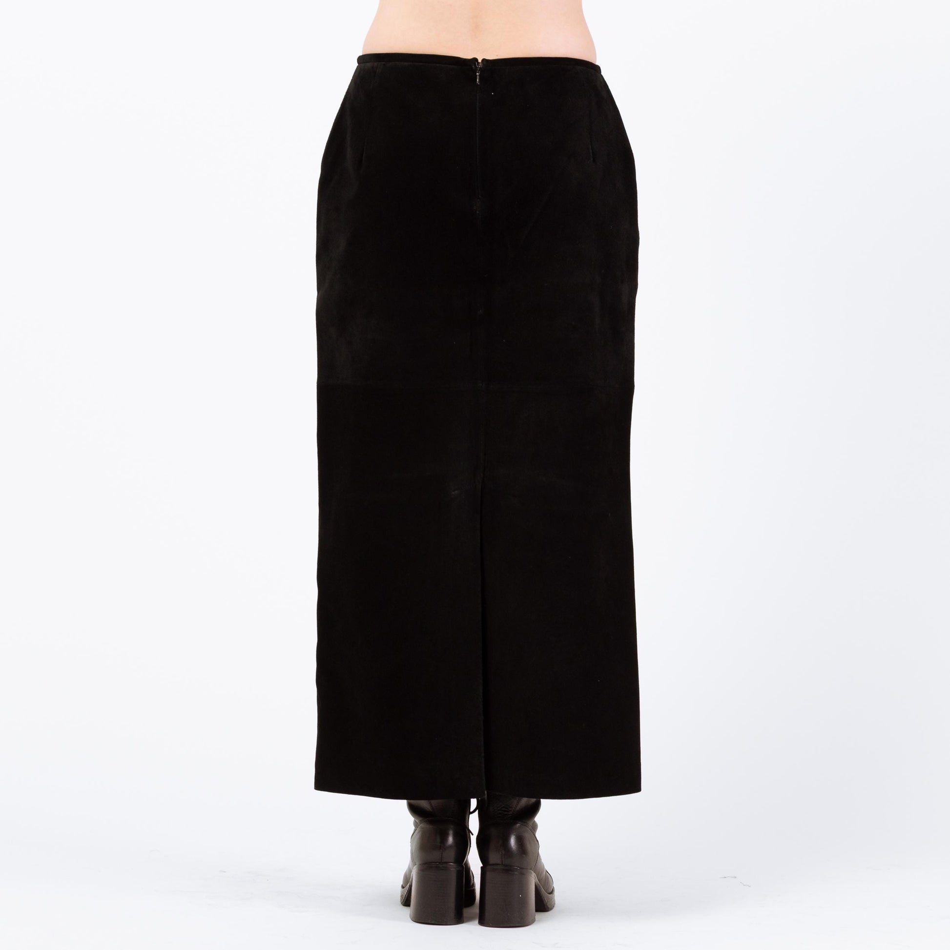 Vintage 90s Black Suede Maxi Skirt - Medium, 30" | High Waisted Long Leather Skirt